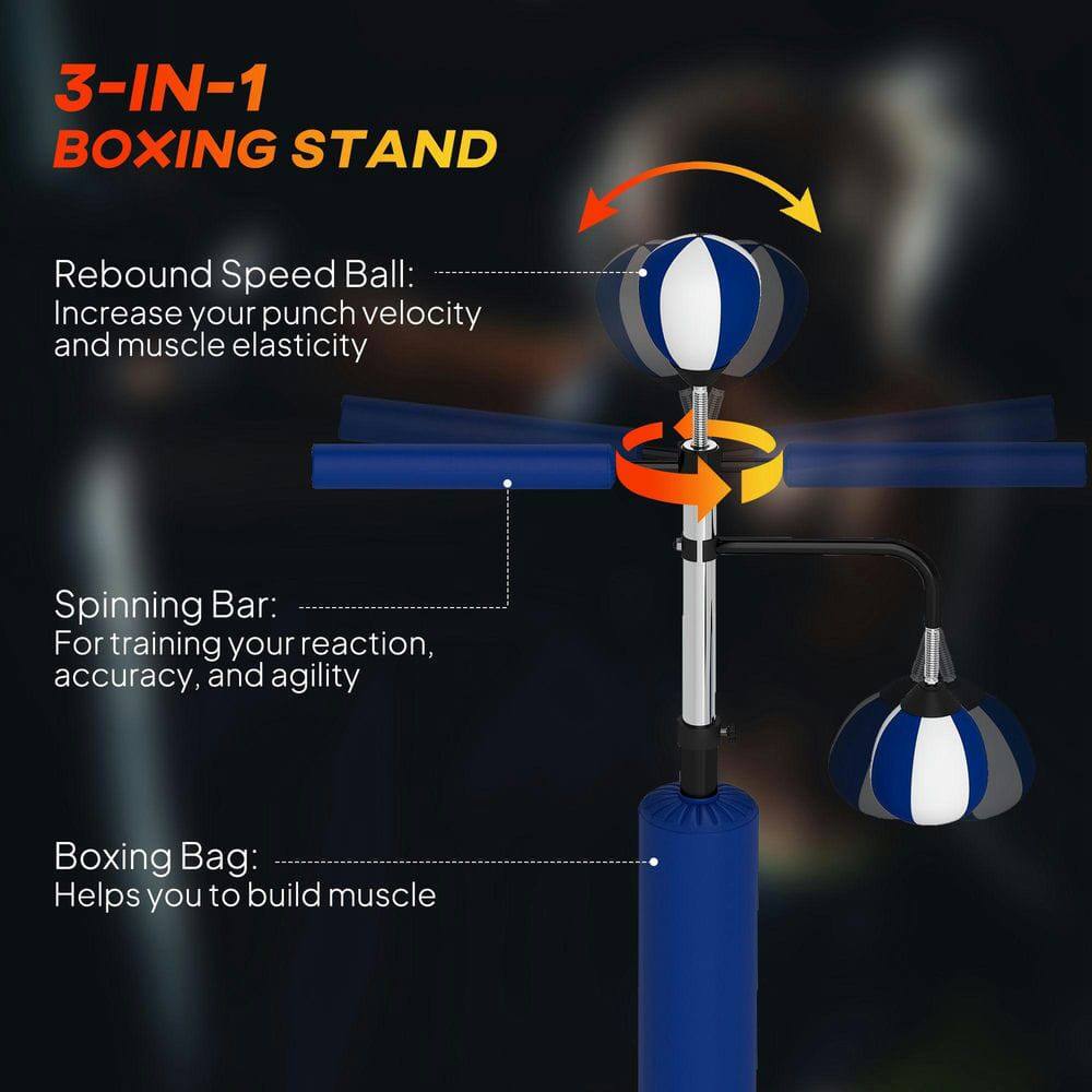 3-IN-1 BOXING STAND

Rebound Speed Ball: Increase your punch velocity and muscle elasticity

Spinning Bar: For training your reaction, accuracy, and agility

Boxing Bag: Helps you to build muscle