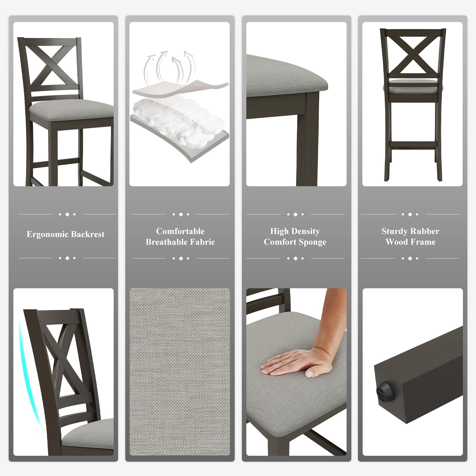 - Ergonomic Backrest
- Comfortable Breathable Fabric
- High Density Comfort Sponge
- Sturdy Rubber Wood Frame