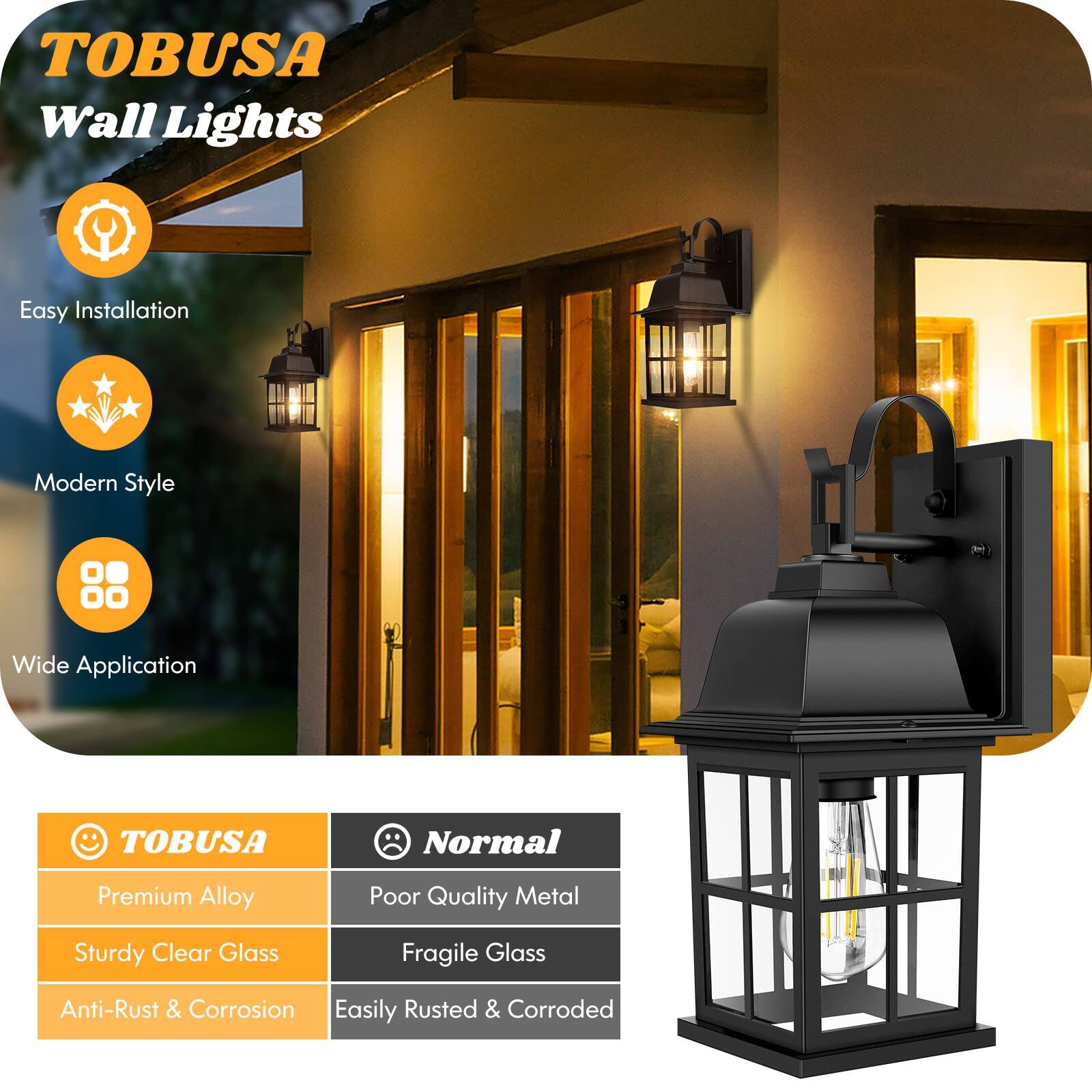 TOBUSA Wall Lights

Easy Installation  
Modern Style  
Wide Application  

TOBUSA  
Premium Alloy  
Sturdy Clear Glass  
Anti-Rust & Corrosion  

Normal  
Poor Quality Metal  
Fragile Glass  
Easily Rusted & Corroded