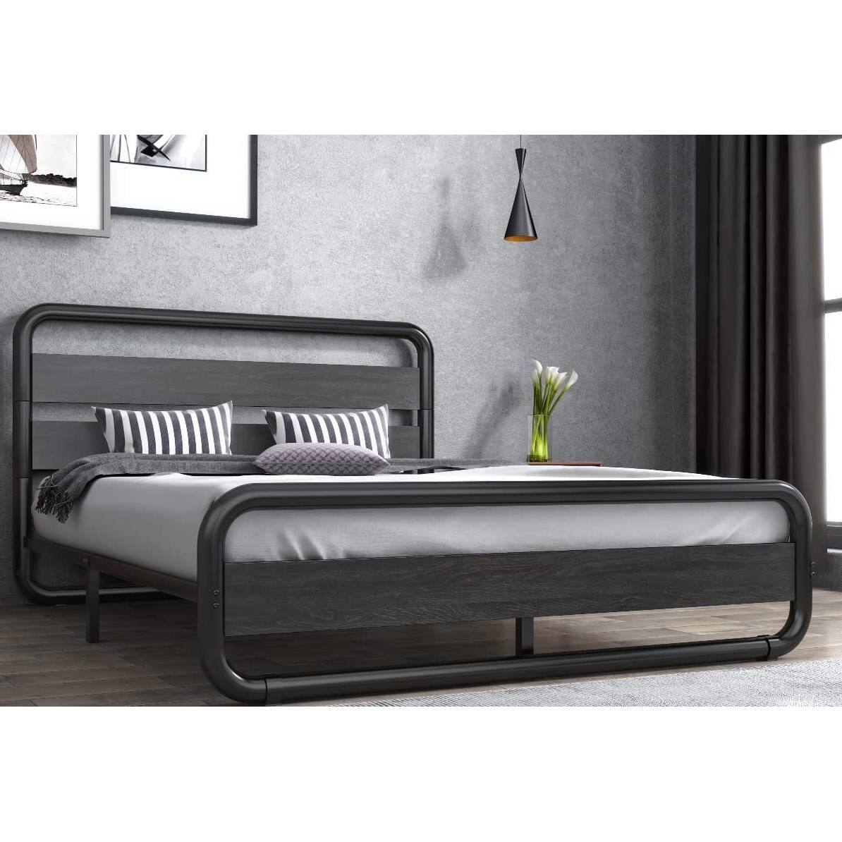 Angle. Hivvago - Hivvago Queen Heavy Duty Round Metal Frame Platform Bed with Wood Panel Headboard - Black.