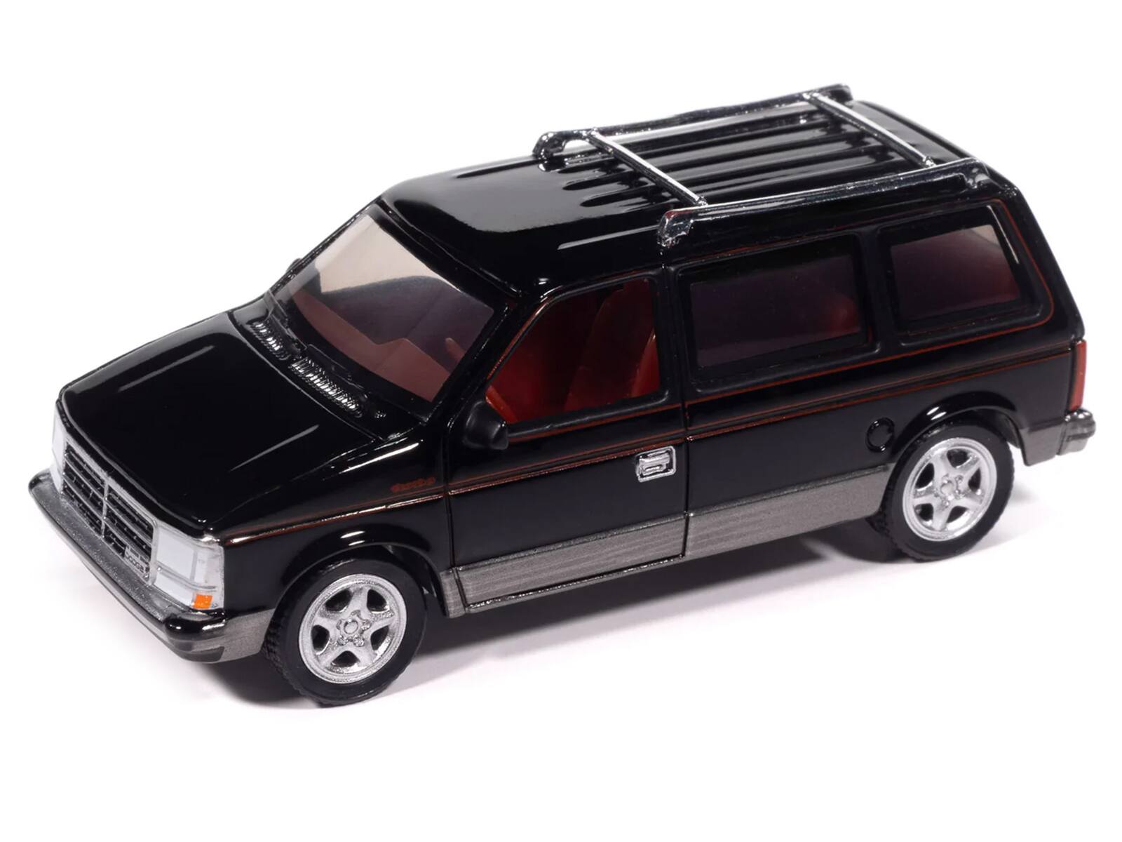 Alt View 1. Autoworld - 1989 Dodge Caravan Turbo Van Black with Red Stripes and Interior "Mighty Minivans" Series 1/64 Model Car by Auto World.