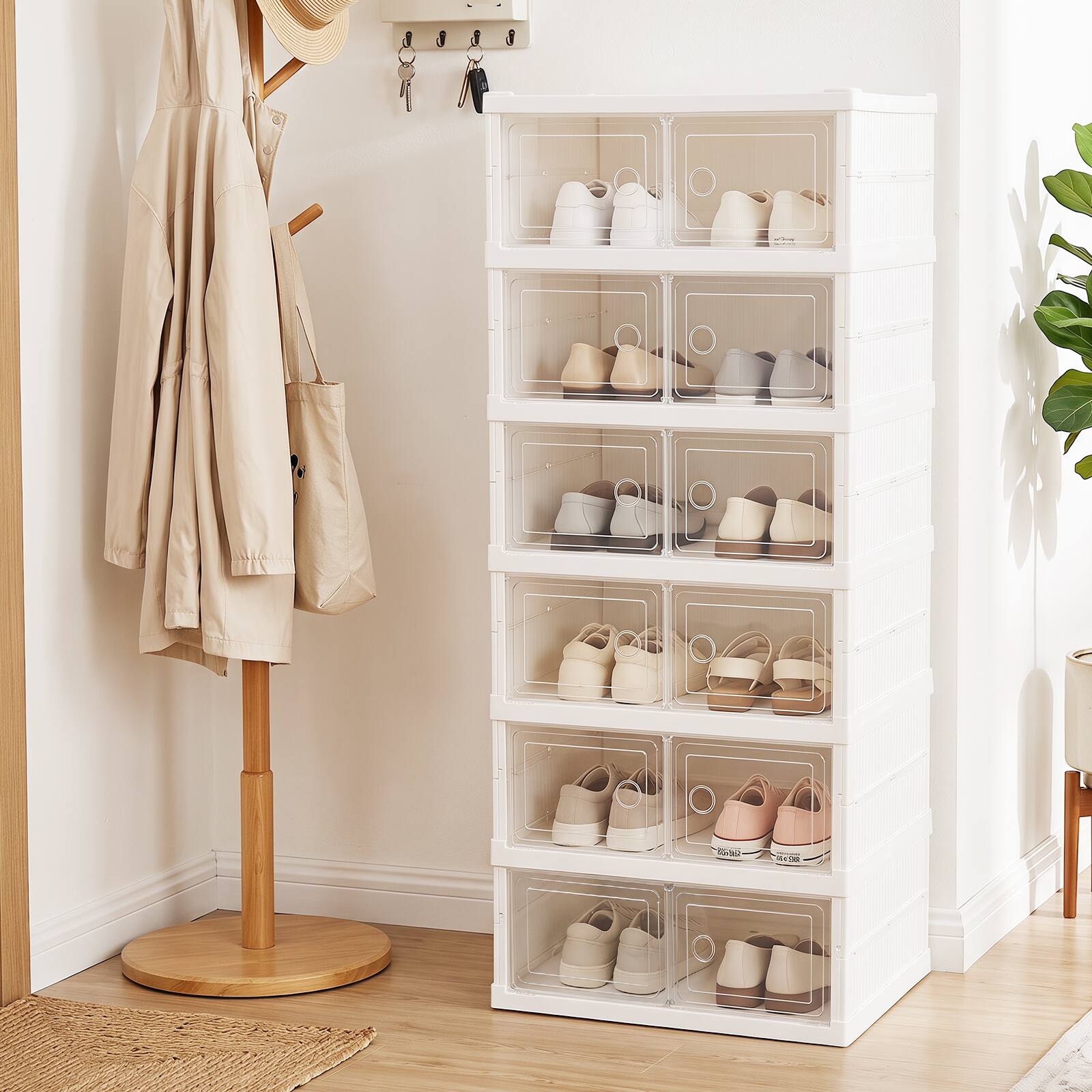 Alt View 1. Costway - Costway 6-Tier Folding Plastic Sneaker Storage Boxes with Clear Doors 12 Pairs for Entryway - White & Transparent.