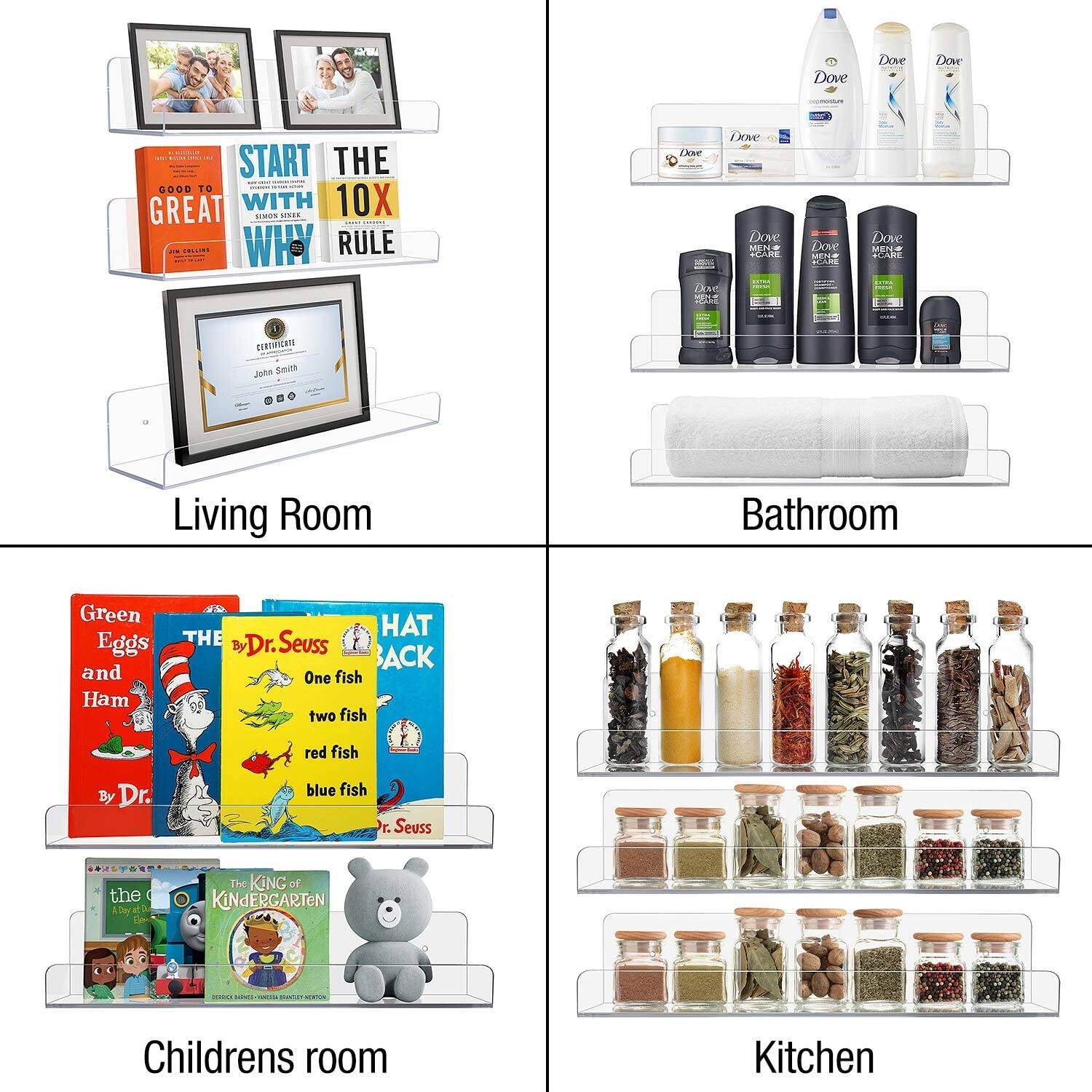 Living Room: Dove Dove Dove START THE GOOD T0 GREAT WITH sraeN ... 10X -. - WHY RULE
Bathroom: Dove Dove Dove MEN AdAM Dove Dove MENUT Dove MN Adida
Childrens room: Green Eggs and Ham HAT THE Dr.Seuss ACK One fish two fish red fish By Dr. blue fish r. Seuss the  ADe  C The KiNG of KINdERGARTEN
Kitchen: Dove Dove Dove