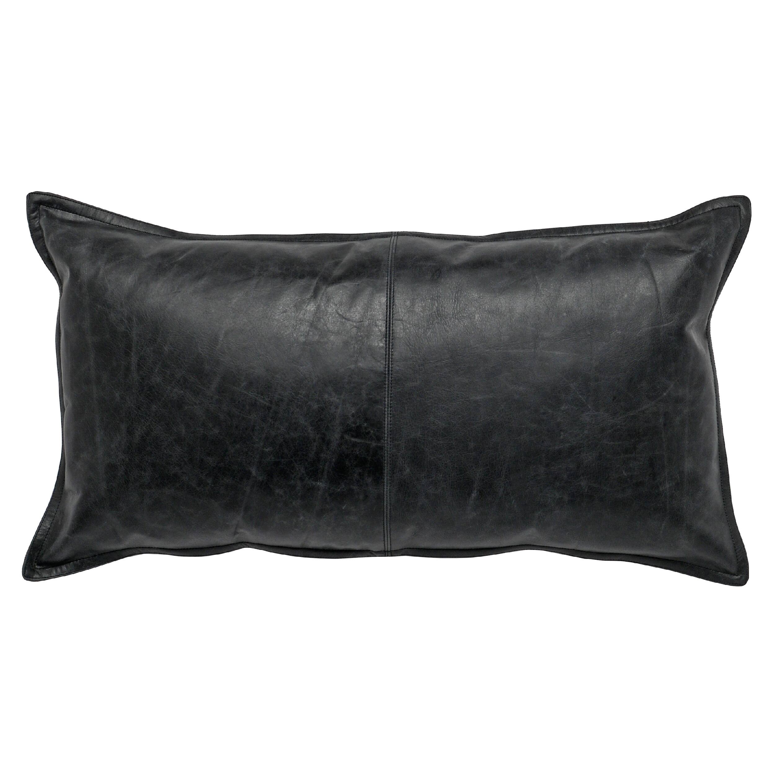 Front. Manhattan Lane - Norm 26 Inch Leather Decorative Lumbar Throw Pillow, Stitched - Black.