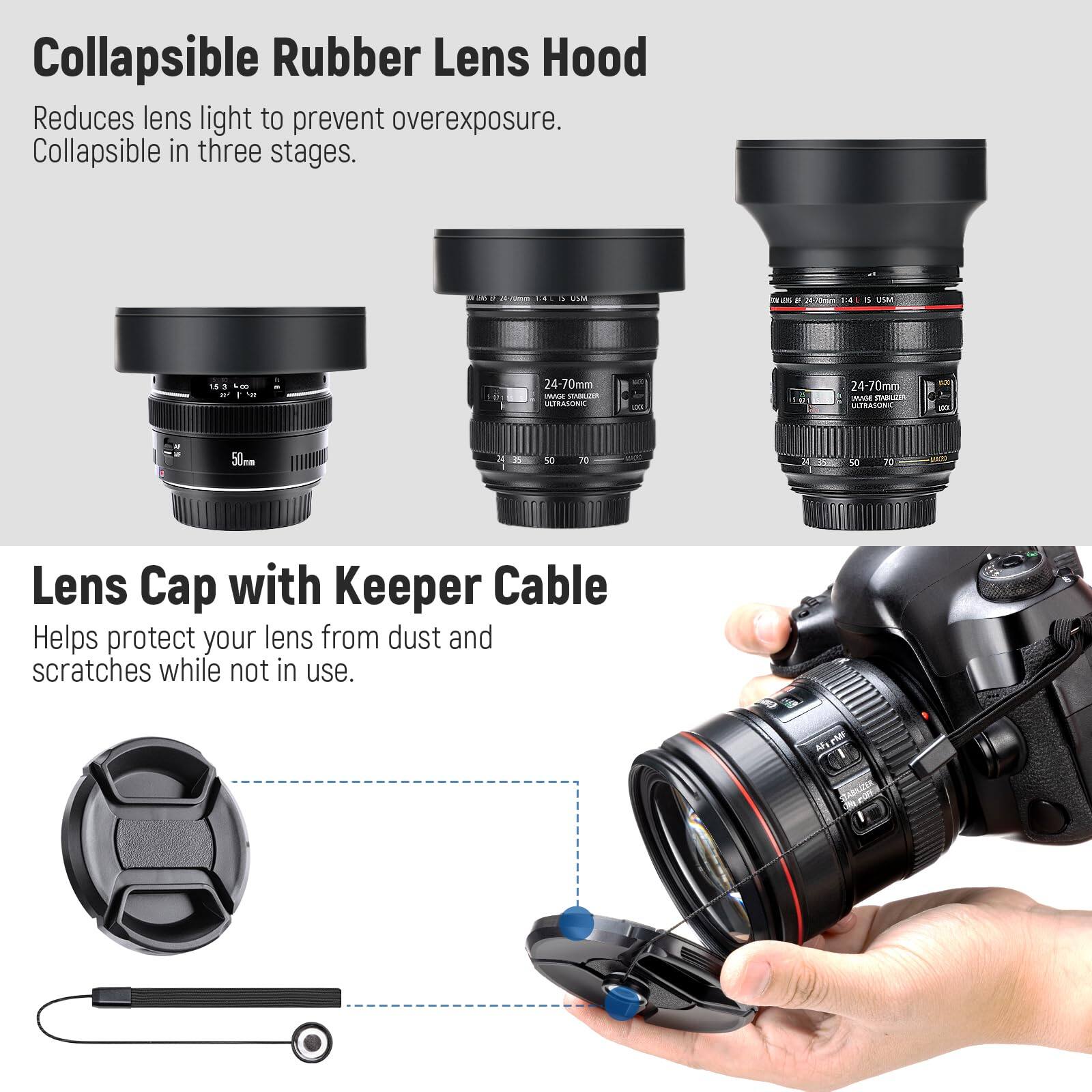 Collapsible Rubber Lens Hood  
Reduces lens light to prevent overexposure. Collapsible in three stages.

Lens Cap with Keeper Cable  
Helps protect your lens from dust and scratches while not in use.