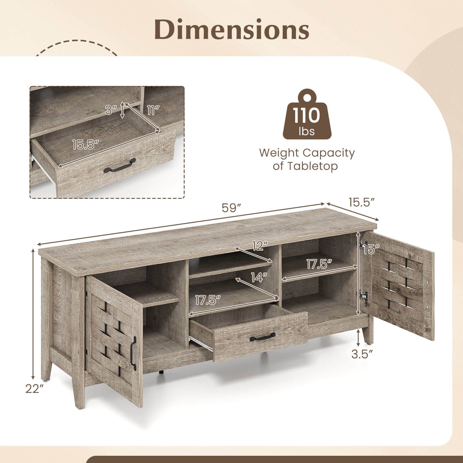Dimensions:  
- 3" F  
- 2TO 15.5"  
- 11" L  
- 110 lbs Weight Capacity of Tabletop  
- 59"  
- 15.5"  
- 12"  
- 14"  
- 17.5"  
- 150  
- 17.5"  
- 3.5"  
- 22"