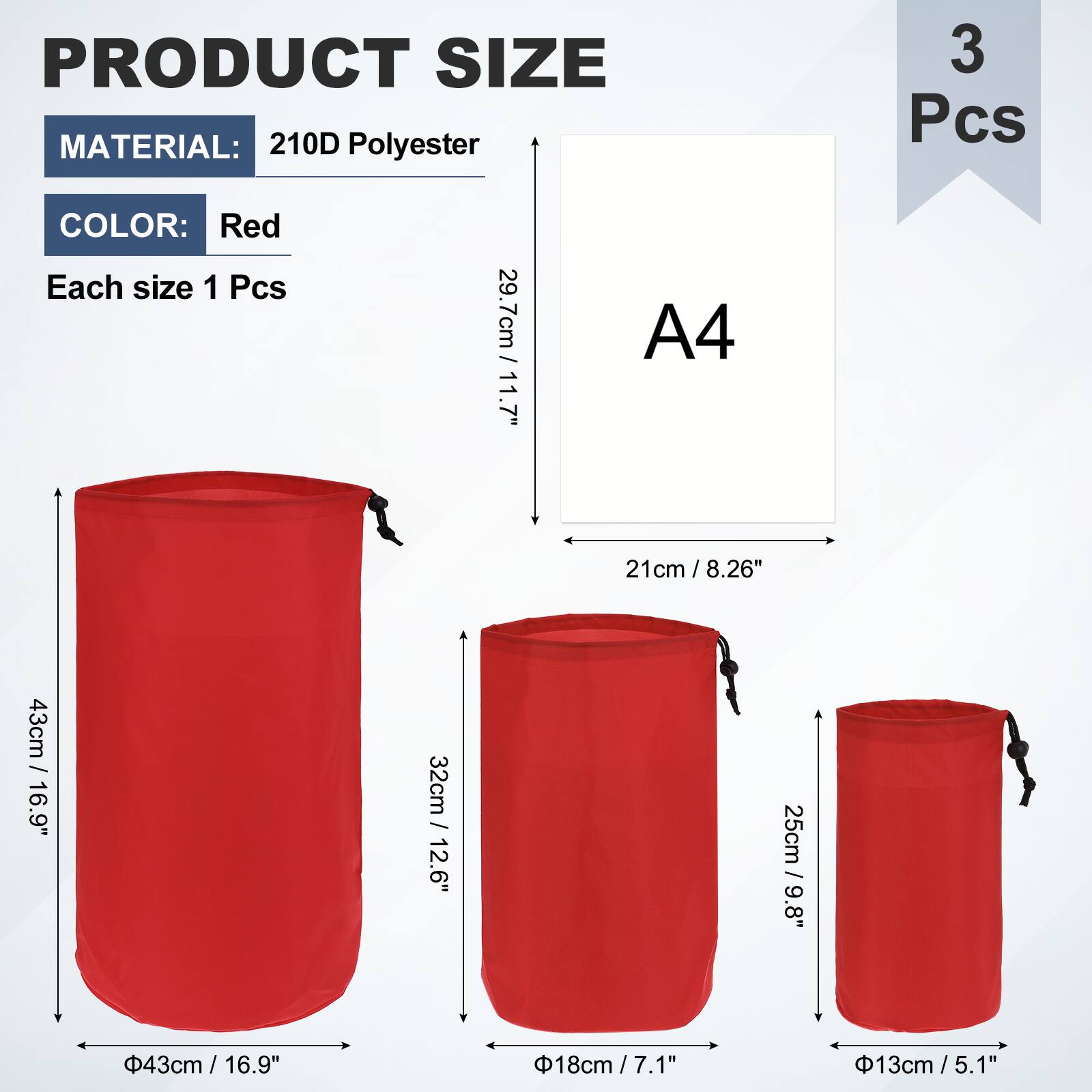 PRODUCT SIZE  
MATERIAL: 210D Polyester  
COLOR: Red  
Each size 1 Pcs  

A4  
29.7cm / 11.7"  
21cm / 8.26"  

3 Pcs  
43cm / 16.9"  
32cm / 12.6"  
25cm / 9.8"  
18cm / 7.1"  
13cm / 5.1"