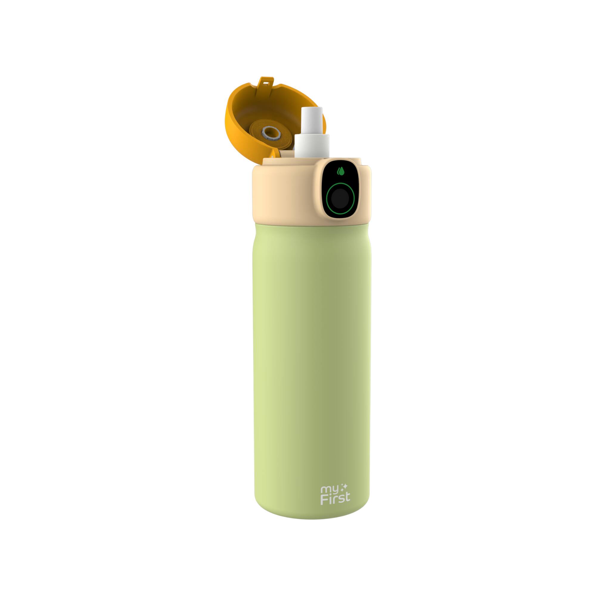 Angle. myFirst - myFirst CareSip 530ml Smart Thermal Water Bottle, Fingerprint Unlock, Stainless Steel Leakproof Kids Bottle - Green - Green.