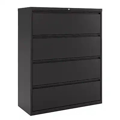 Front. Staples - 4-Drawer Lateral File Cabinet, Letter/Legal Size, Lockable, 52.36"H x 42"W x 18.62"D, Black (59621/17460) - Black.