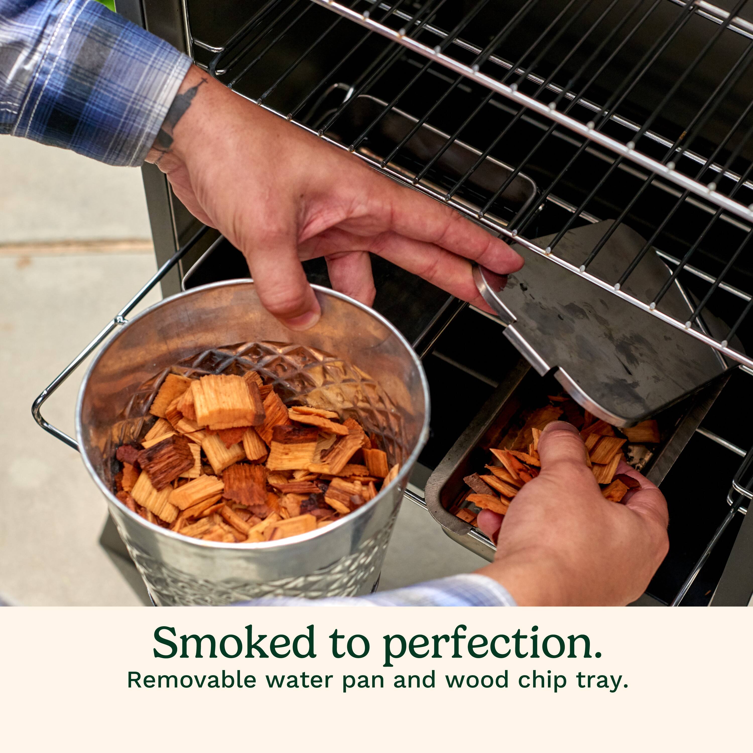 Smoked to perfection. Removable water pan and wood chip tray.