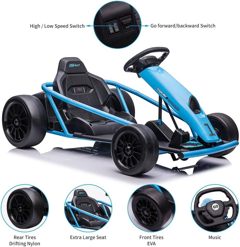High / Low Speed Switch  
Go forward/backward Switch  

GO Kart Cipin fiea 1  

Rear Tires Drifting Nylon  
Extra Large Seat  
Front Tires EVA  
Music
