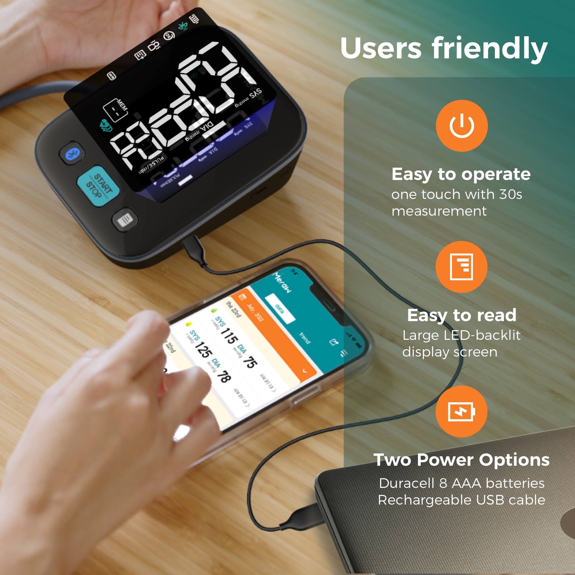 Users friendly

Easy to operate
one touch with 30s measurement

Easy to read
Large LED-backlit display screen

Two Power Options
Duracell 8 AAA batteries
Rechargeable USB cable
