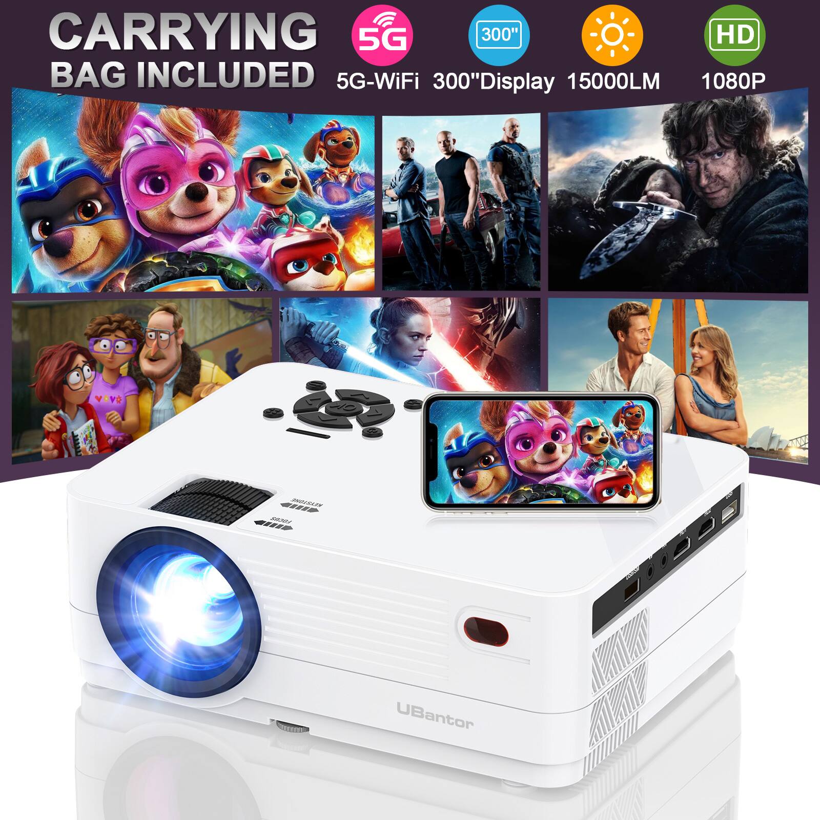 CARRYING BAG INCLUDED  
5G-WiFi  
300" Display  
15000LM  
1080P  
HD