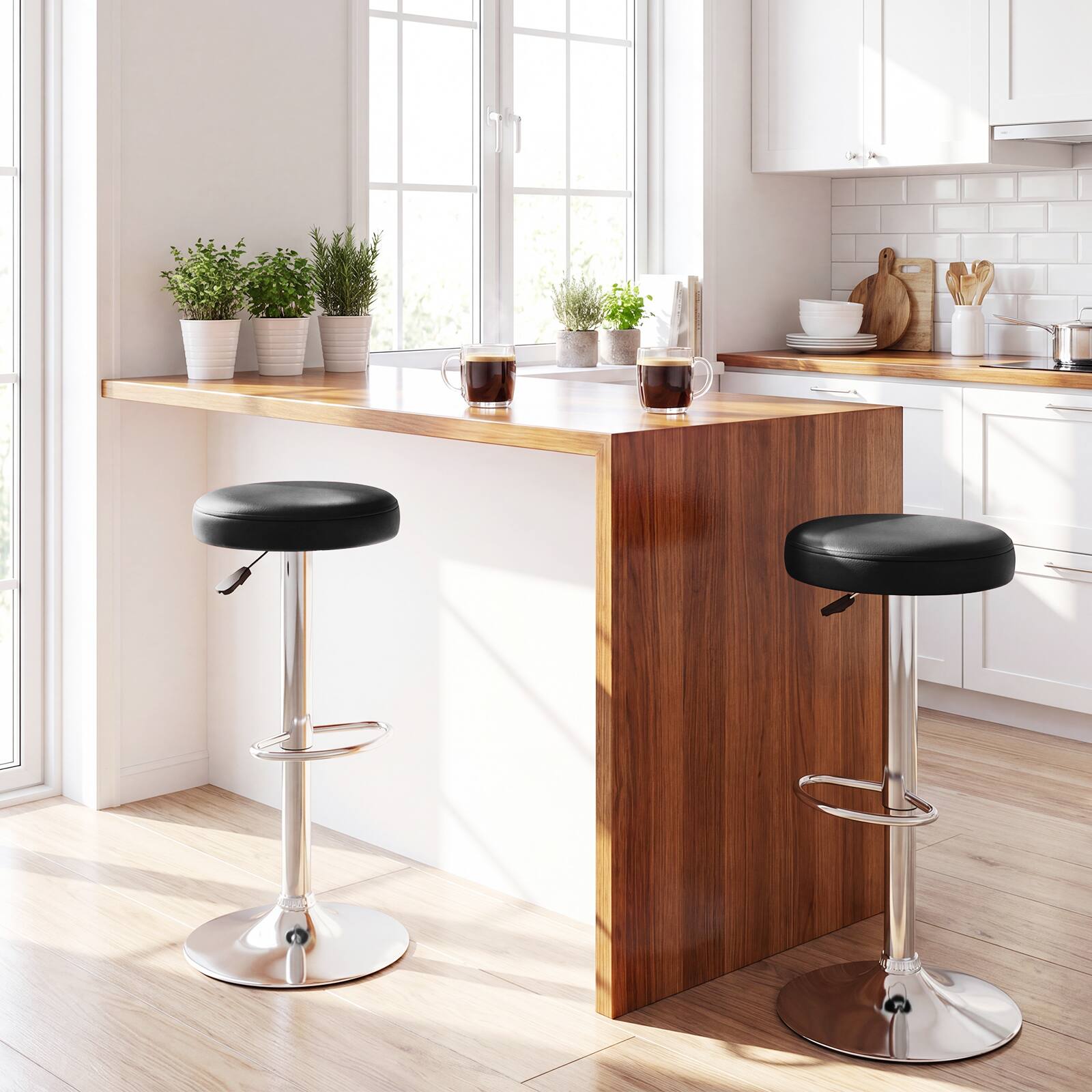 Alt View 3. Costway - Costway 1 PC Round  Backless Bar Stool Adjustable Swivel Pub Chair U Leather with Footrest - Black.