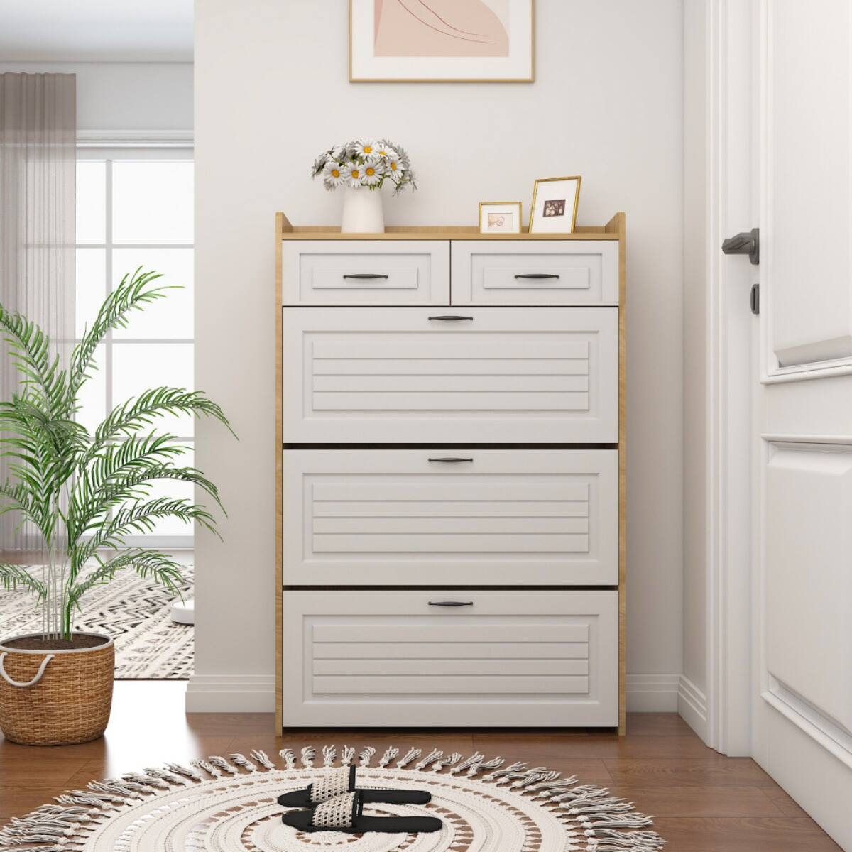 Left. HTUTWOO - Freestanding  Shoe Storage Cabinet with 3 Flip Drawers & 2 Drawers,Shoe Cabinet with Adjustable Shelf,for Entryway - Beige.