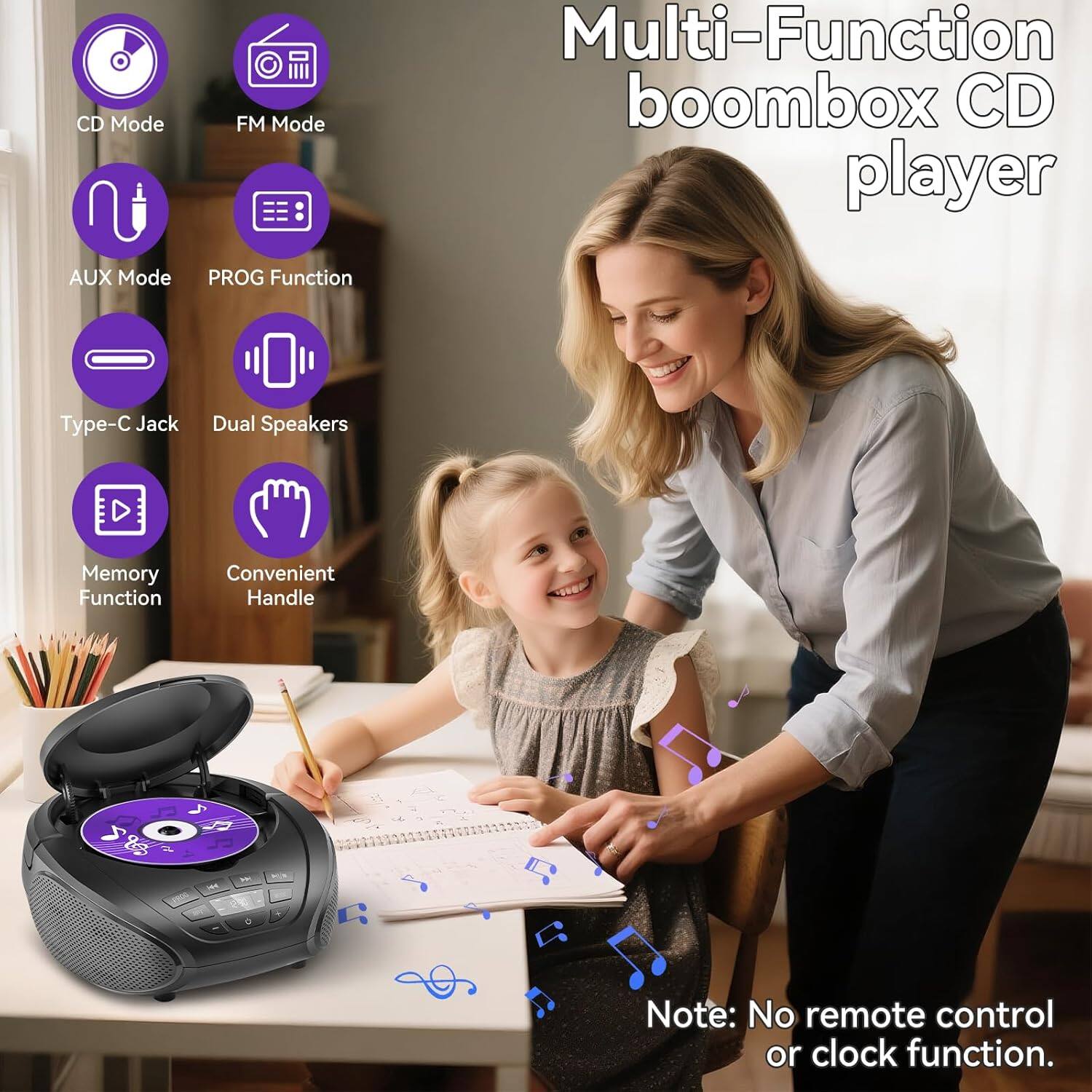 Multi-Function boombox CD player

- CD Mode
- FM Mode
- AUX Mode
- PROG Function
- Type-C Jack
- Dual Speakers
- Memory Function
- Convenient Handle

Note: No remote control or clock function.
