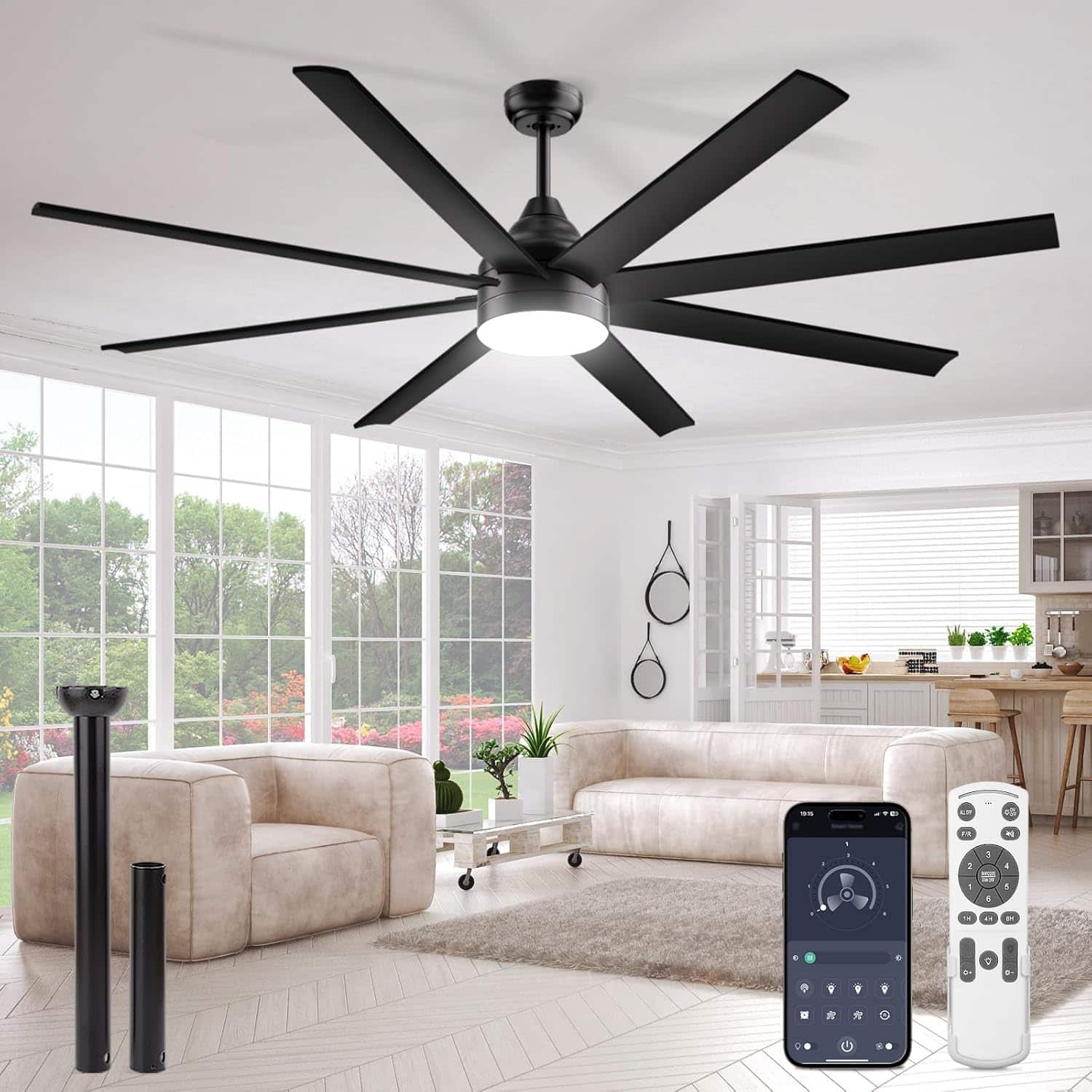 Nordic Hygge - 72 Inch Large Ceiling Fans with Lights and Remote APP Control in Black