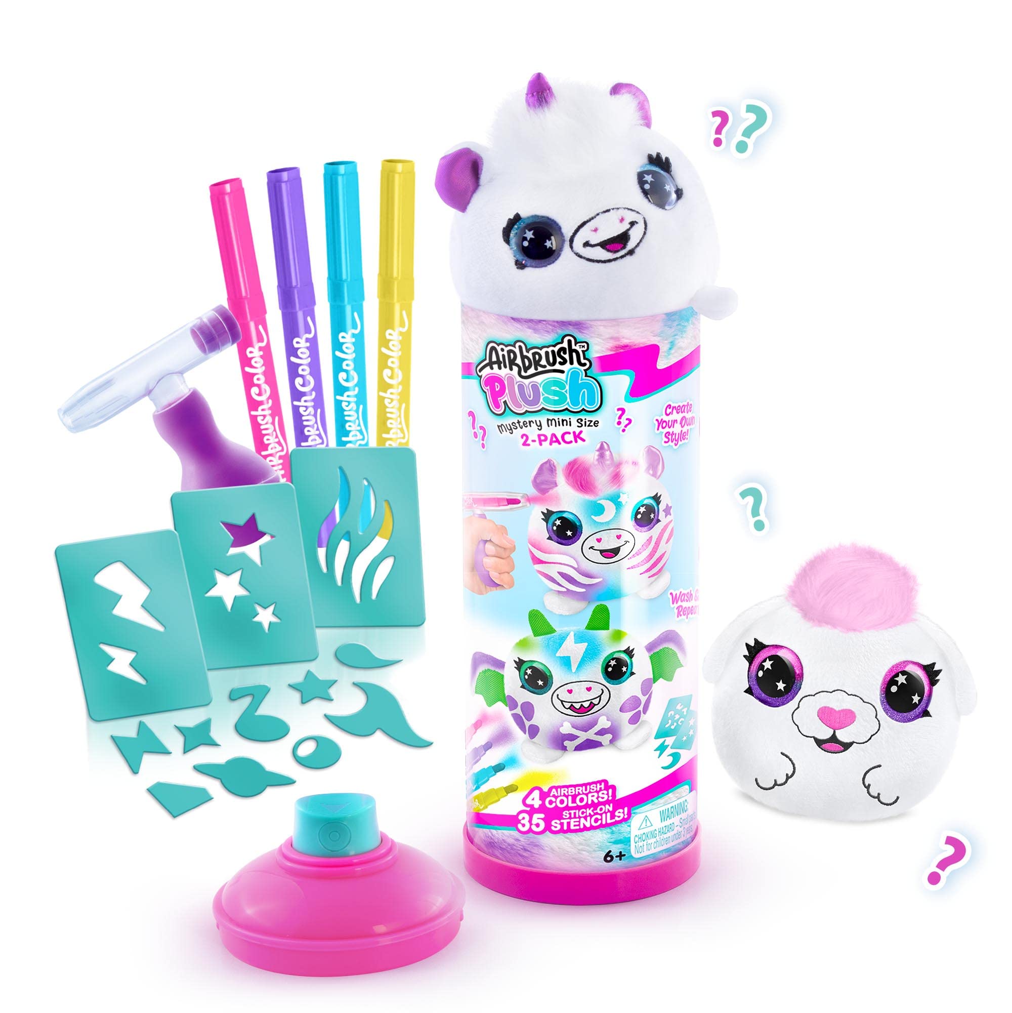 ? ? AHRbrushColoP bRushColoR bRush brushColoR RbeushColoR bRush AiRbrush Plush mystery mini Size 2-PACK Create your Ou style ? Wish & Rpe AIRBRUSH 4 COLORS! 35 STENCILS! STICK-ON A MAGUC Soda DIORIENDE NC tor boceu 6+ ?
