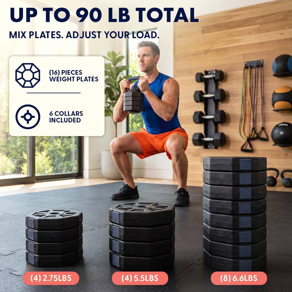 UP TO 90 LB TOTAL MIX PLATES. ADJUST YOUR LOAD.

(16) PIECES WEIGHT PLATES
6 COLLARS INCLUDED
(4) 2.75LBS
(4) 5.5LBS
(8) 6.6LBS