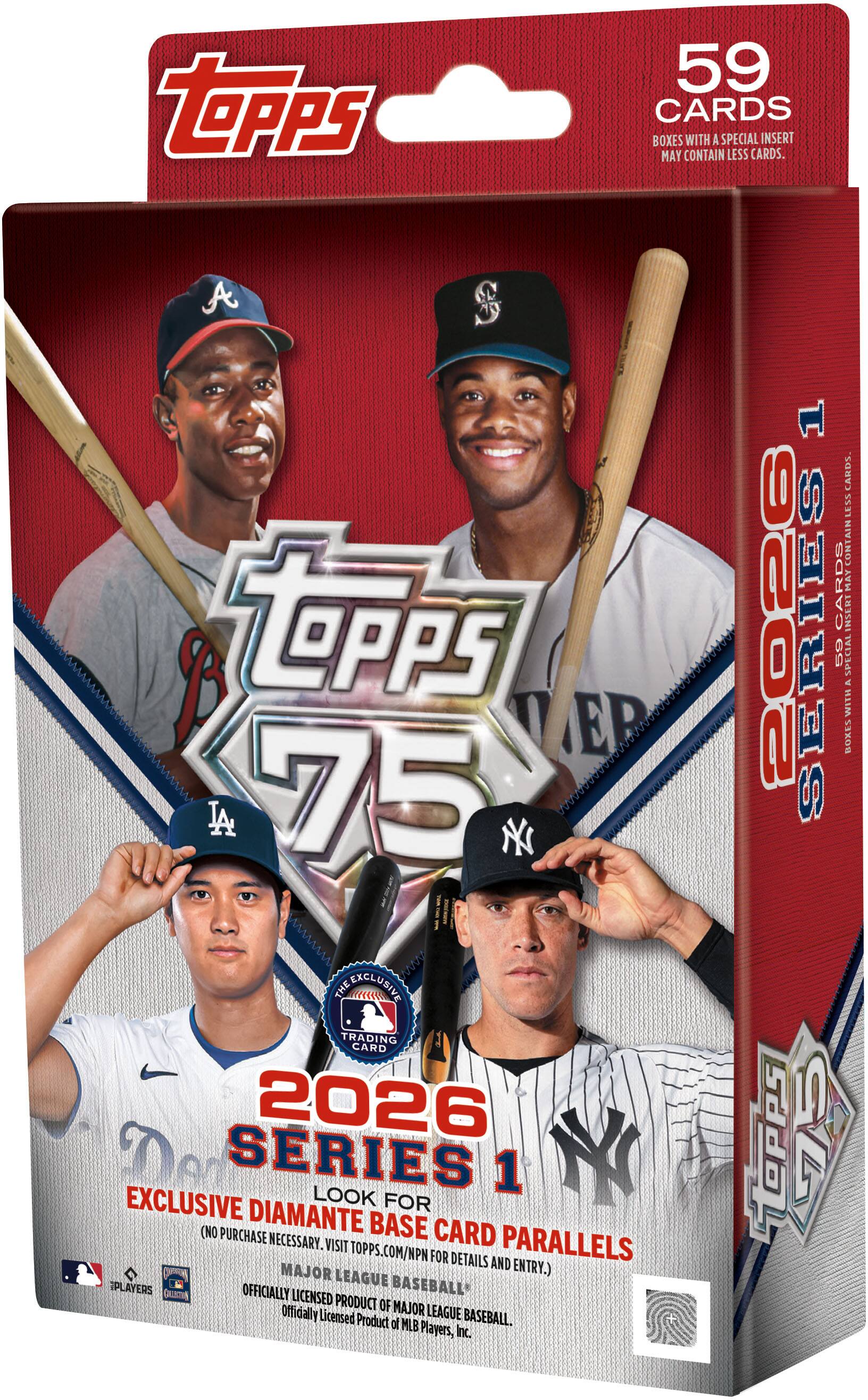 TOPPS 59 CARDS BOXES WITH A SPECIAL INSERT MAY CONTAIN LESS CARDS.  
THE EXCLUSIVE TRADING CARD 2026 SERIES 1  
EXCLUSIVE DIAMANTE BASE CARD (NO PURCHASE NECESSARY. VISIT TOPPS.COM/NPN FOR DETAILS AND ENTRY.)  
MAJOR LEAGUE BASEBALL PLAYERS  
OFFICIALLY LICENSED PRODUCT OF MLB PLAYERS, INC.
