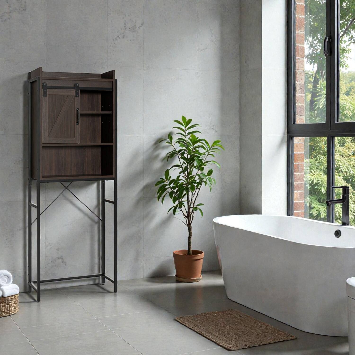 Front. Hivvago - 4-Tier Over-Toilet Storage Cabinet with Sliding Barn Door and Customizable Shelves - Brown.
