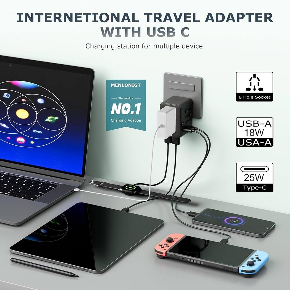 INTERNATIONAL TRAVEL ADAPTER WITH USB C  
Charging station for multiple device  

MENLONIGT  
The world's NO.1 Charging Adapter  

8 Hole Socket  
USB-A 18W  
USA-A  
25W Type-C