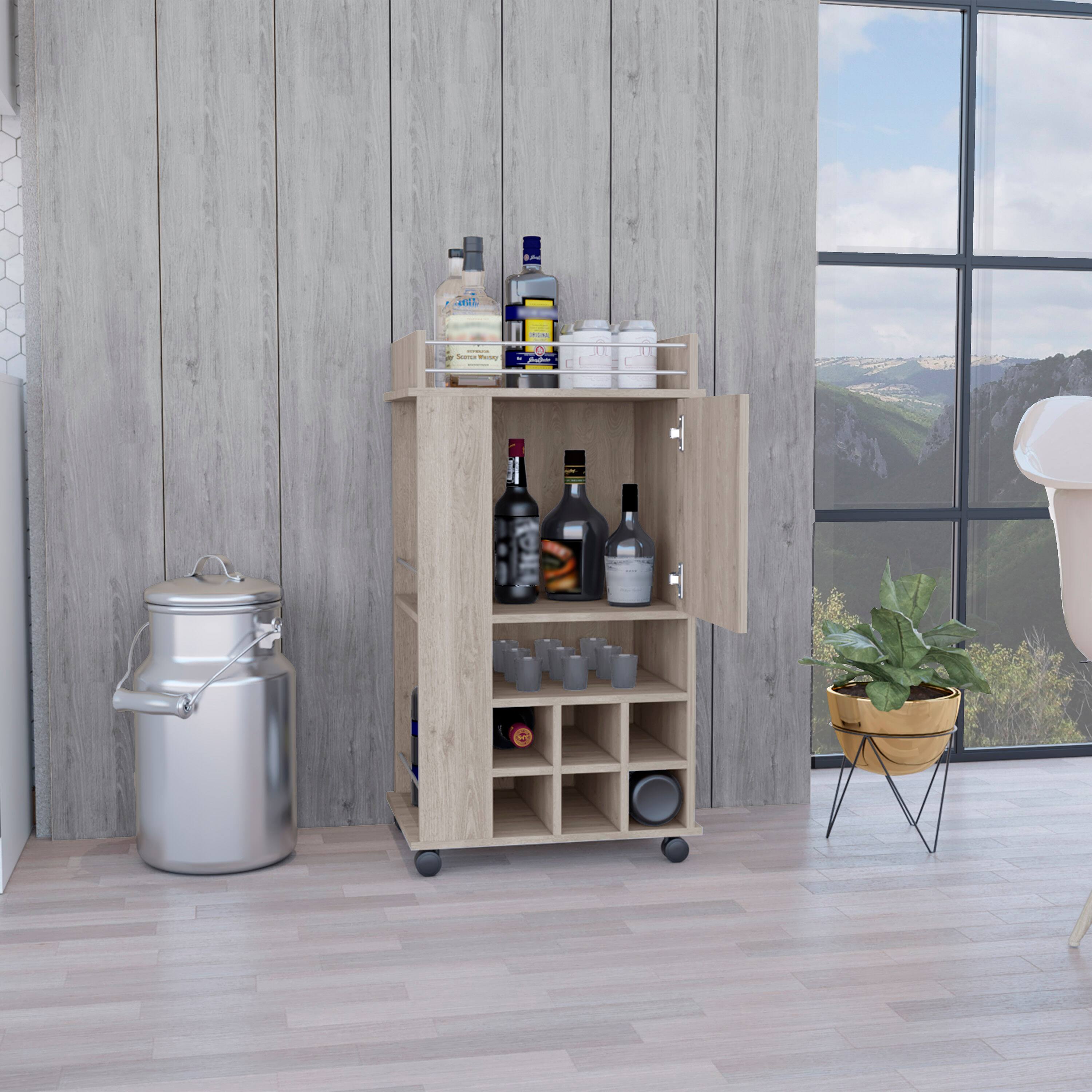 Back. TuHome - Fargo Bar Cart with Cabinet, 6 Built-In Wine Rack, Casters, Bar Room. - Light Gray.