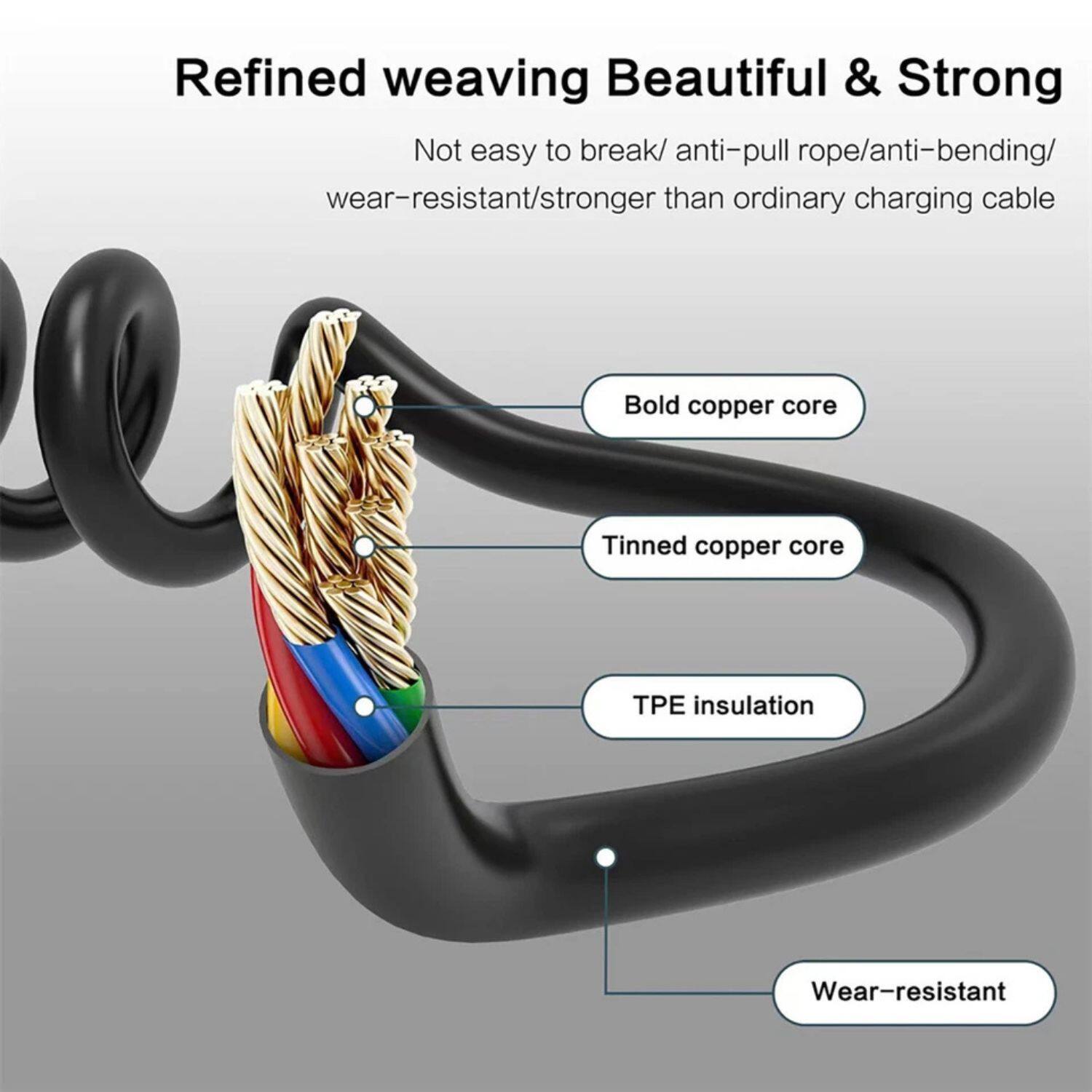 Refined weaving Beautiful & Strong  
Not easy to break/ anti-pull rope/anti-bending/ wear-resistant/stronger than ordinary charging cable  

- Bold copper core  
- Tinned copper core  
- TPE insulation  
- Wear-resistant