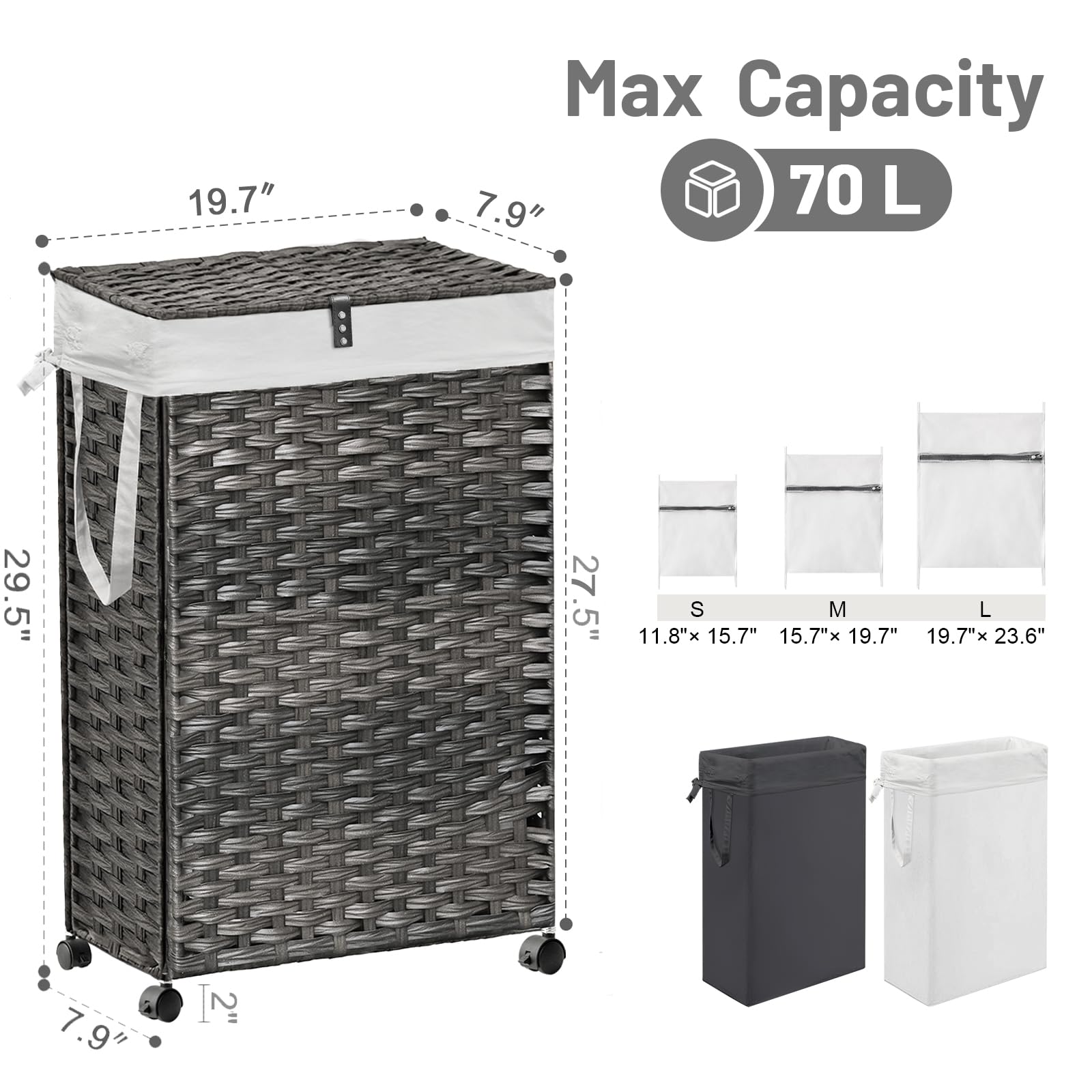 19.7"  
Max Capacity 70 L  
29.5"  
27.5"  
7.9"  
2"  

S: 11.8" x 15.7"  
M: 15.7" x 19.7"  
L: 19.7" x 23.6"