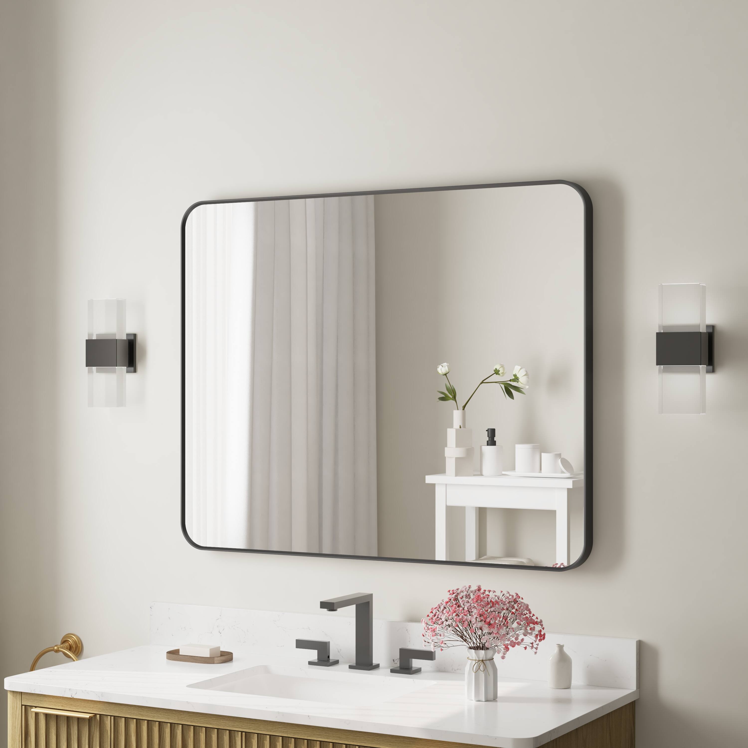 Angle. WELLFOR - 40 in. W. x 32 in. H Rectangular Aluminum Framed Wall-Mounted Bathroom Vanity Mirror - Matte Black.