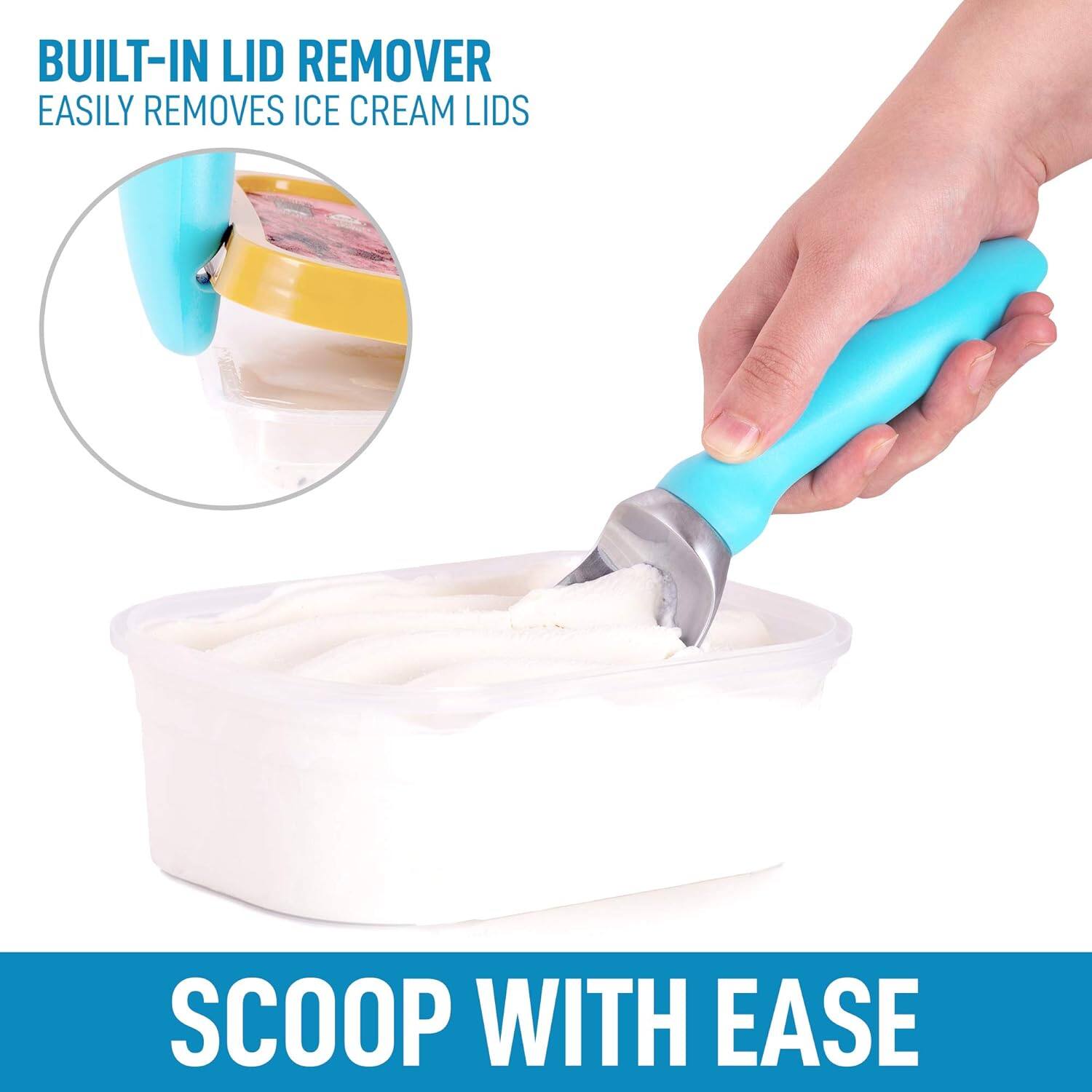 BUILT-IN LID REMOVER  
EASILY REMOVES ICE CREAM LIDS  

SCOOP WITH EASE