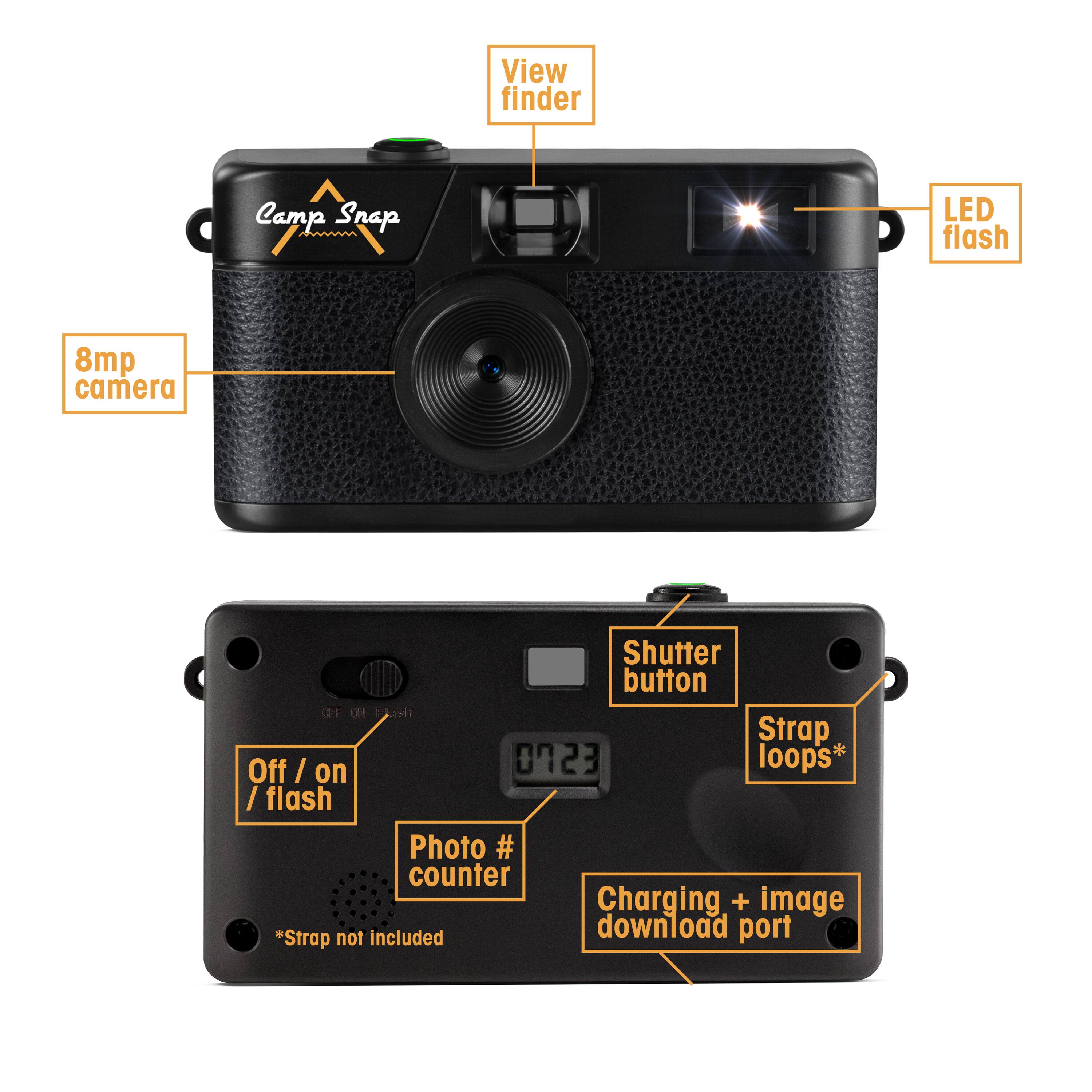 - View finder
- Camp Snap
- 8mp camera
- LED flash
- Shutter button
- Strap loops*
- Off / on / flash
- Photo # counter
- Charging + image download port
- *Strap not included