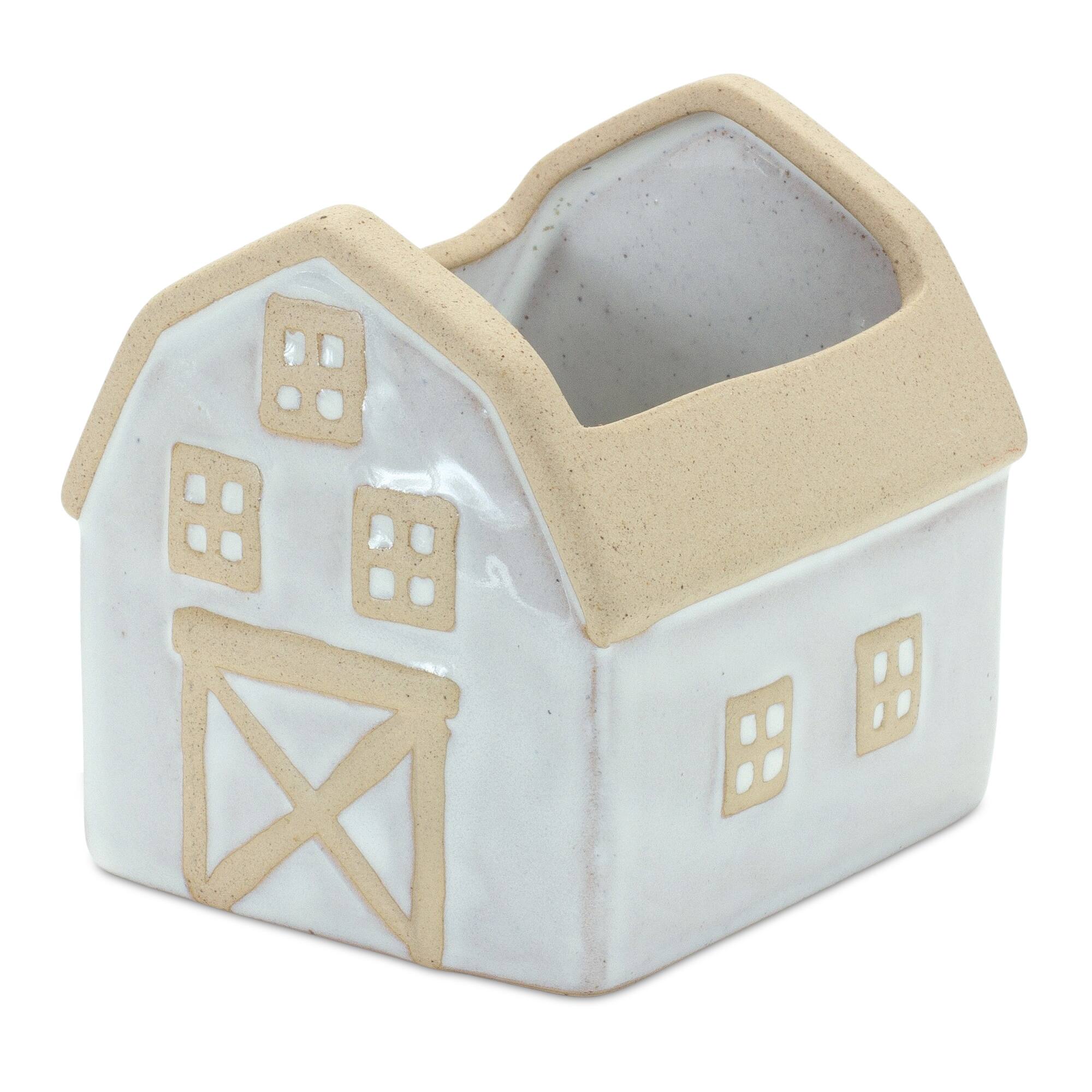 Left. BreeBe - Neutral Porcelain House and Barn Planter (Set of 2) - Beige, White.