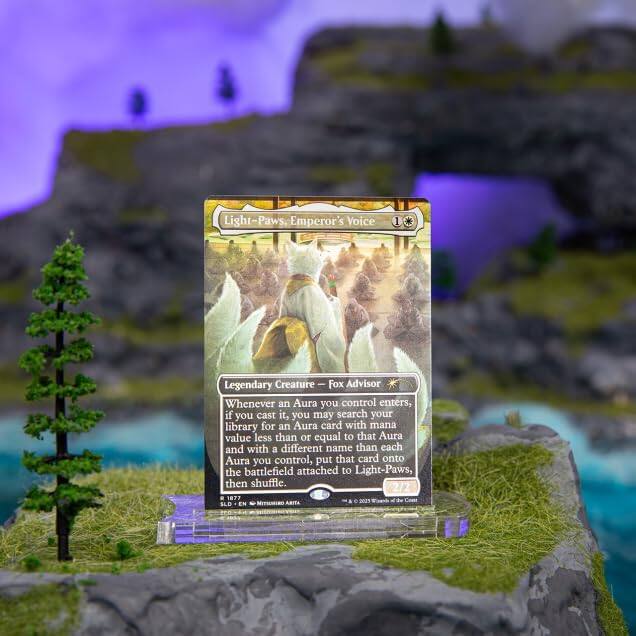 Light-Paws, Emperor's Voice  
1 Legendary Creature — Fox Advisor  
Whenever an Aura you control enters the battlefield, if you cast it, you may search your library for an Aura card with mana value less than or equal to that Aura and with a different name than each Aura you control, put that card onto the battlefield attached to Light-Paws, then shuffle your library.