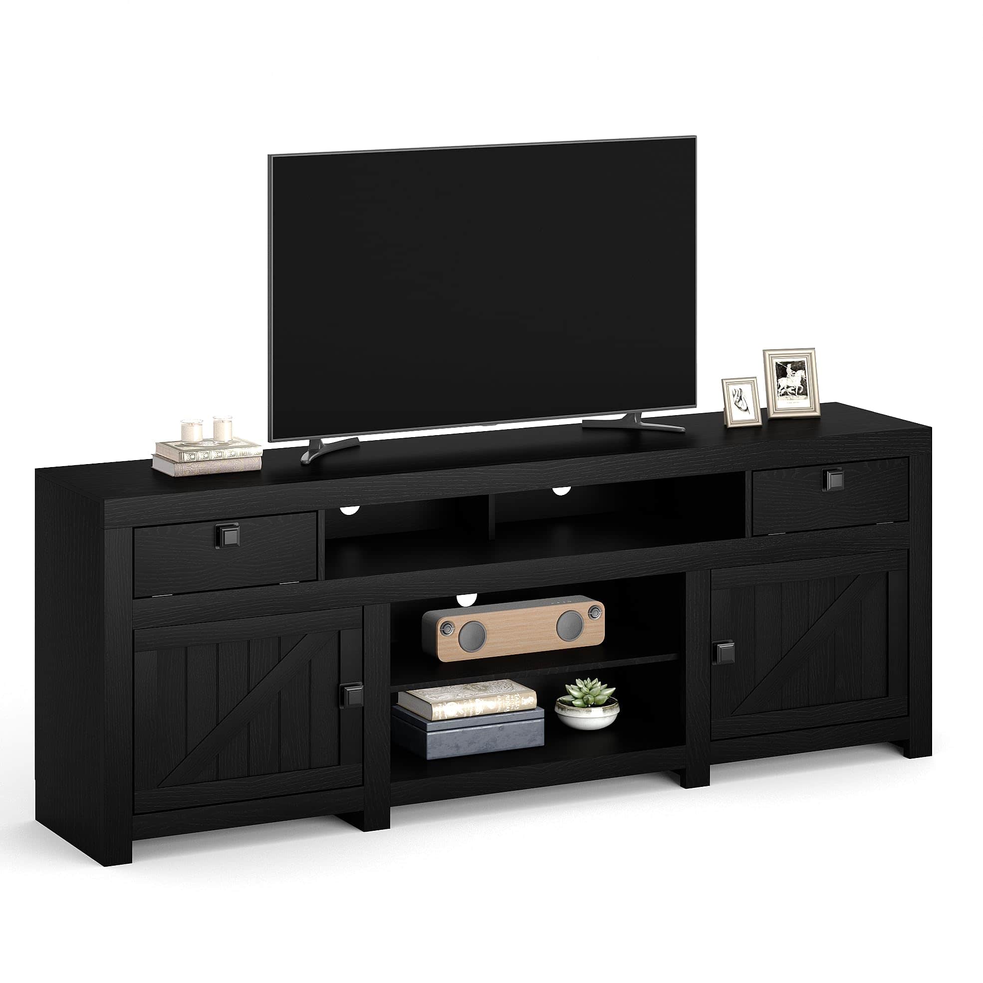 Qeetex - 70" Farmhouse TV Stand for 80” TVs, Media Console with Drop-Down Doors, Storage Cabinets & Open Shelves - Black