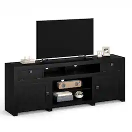 Qeetex - 70" Farmhouse TV Stand for 80” TVs, Media Console with Drop-Down Doors, Storage Cabinets & Open Shelves - Black