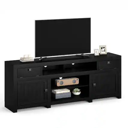 Front. Qeetex - 70" Farmhouse TV Stand for 80” TVs, Media Console with Drop-Down Doors, Storage Cabinets & Open Shelves - Black.
