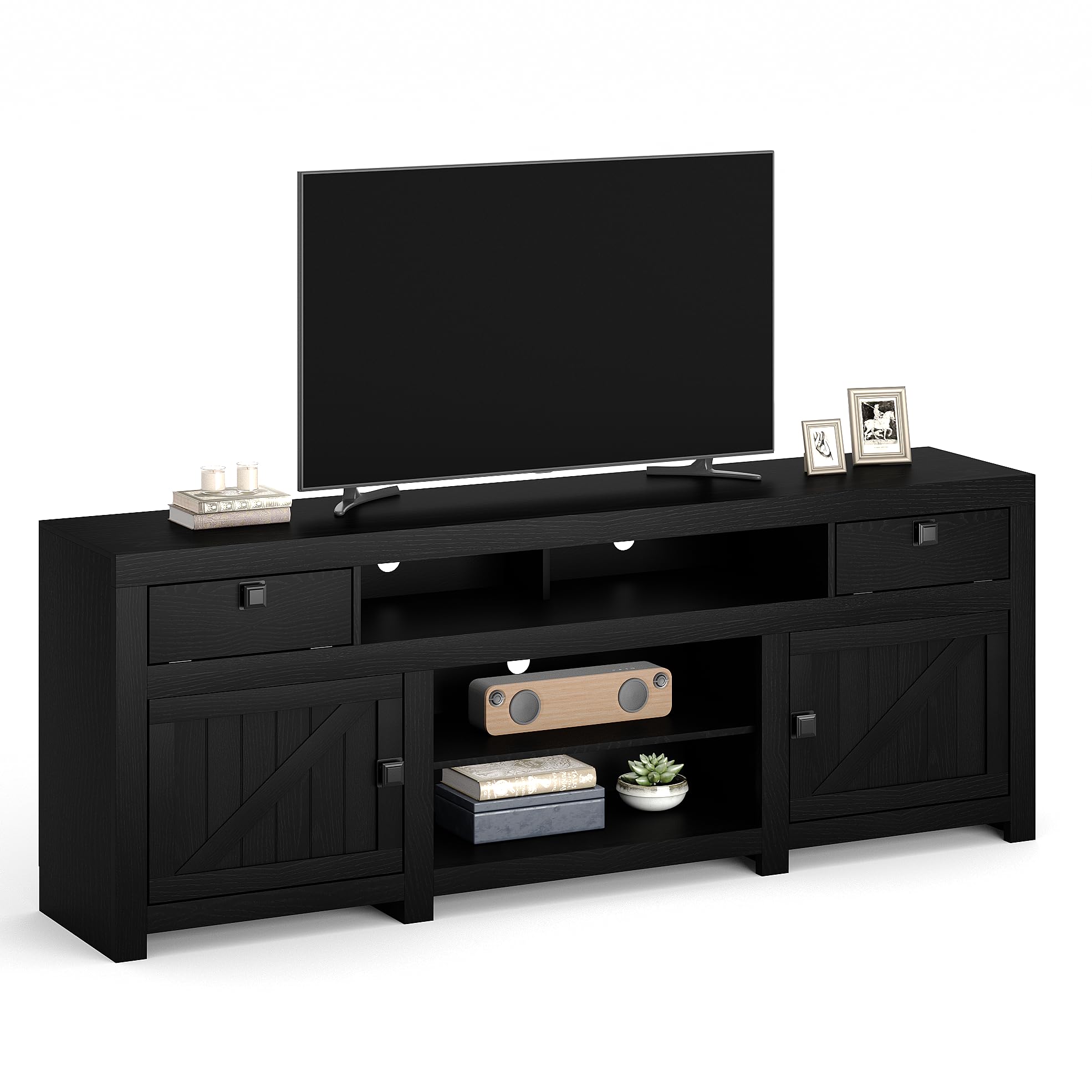 Front. Qeetex - 70" Farmhouse TV Stand for 80” TVs, Media Console with Drop-Down Doors, Storage Cabinets & Open Shelves - Black.