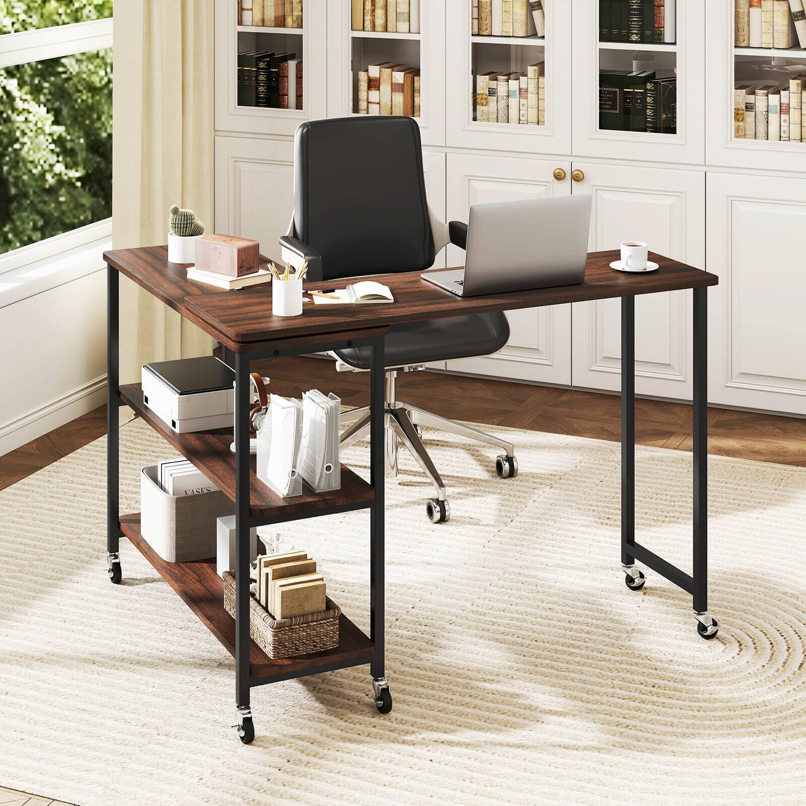 Alt View 4. Costway - Costway 360° Rotation Mobile Laptop Table with 2-Tier Storage Shelves & 6 Universal Wheels - Walnut.