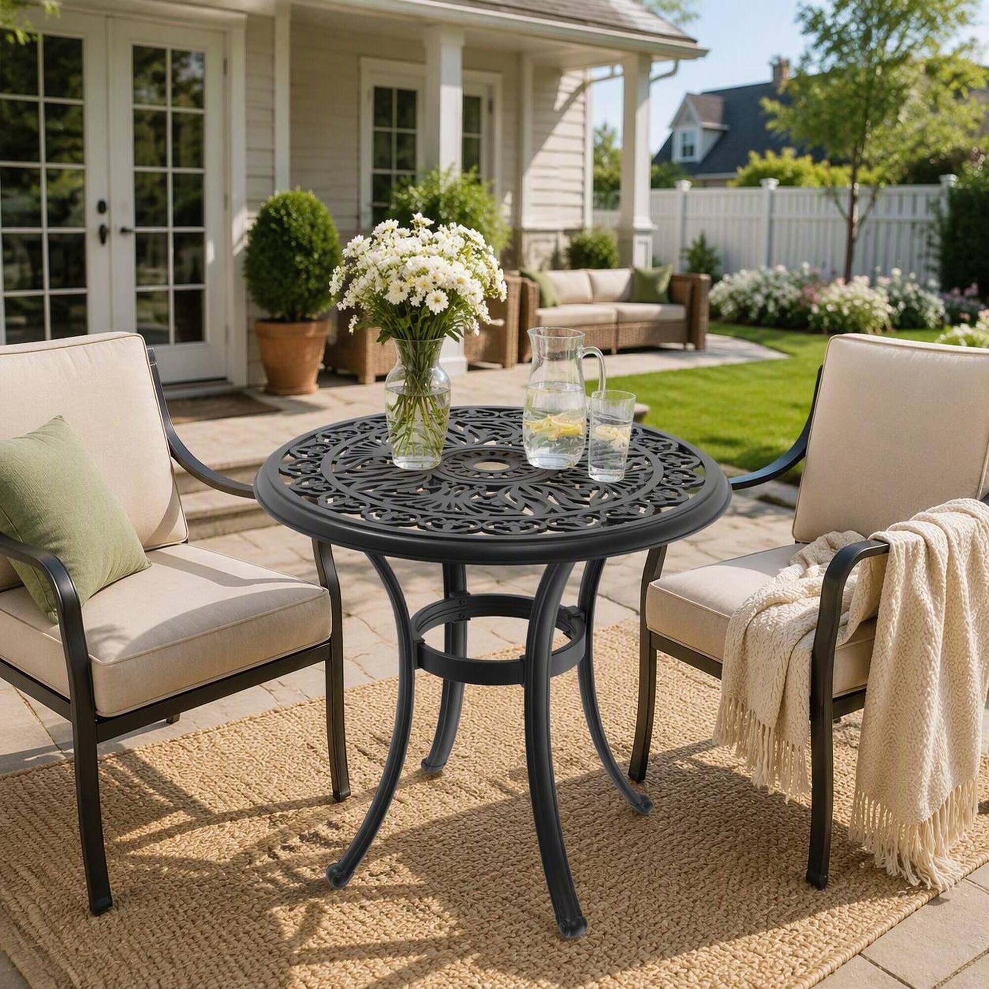 Back. RYHNUYNE - 26.77" Round Cast Aluminum Patio Dining Table with Umbrella Hole for Garden Deck Balcony - Black.
