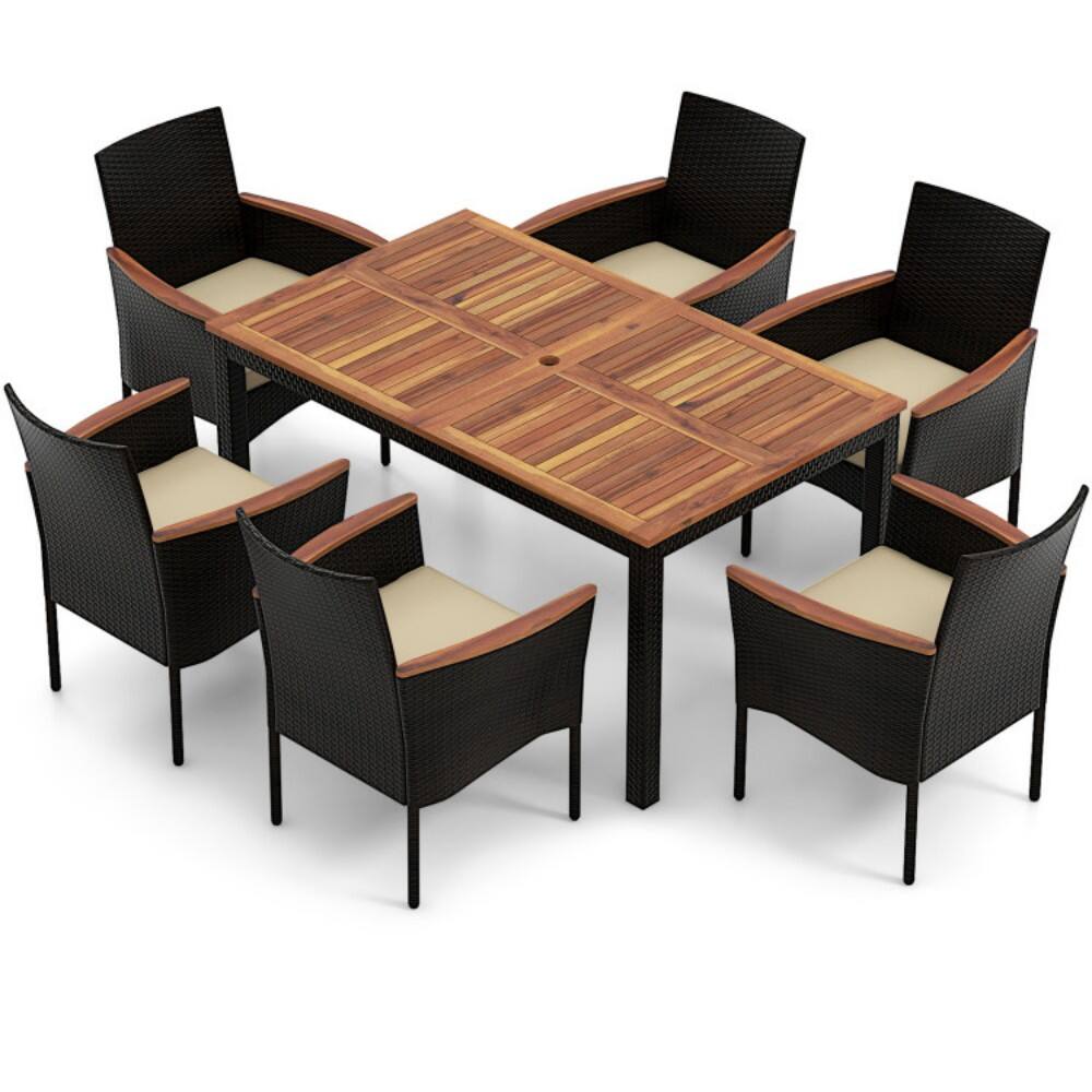 Angle. Mondawe - 7 Pieces Rattan Patio Dining Set with Stackable Chairs and Umbrella Hole - Mix Brown.