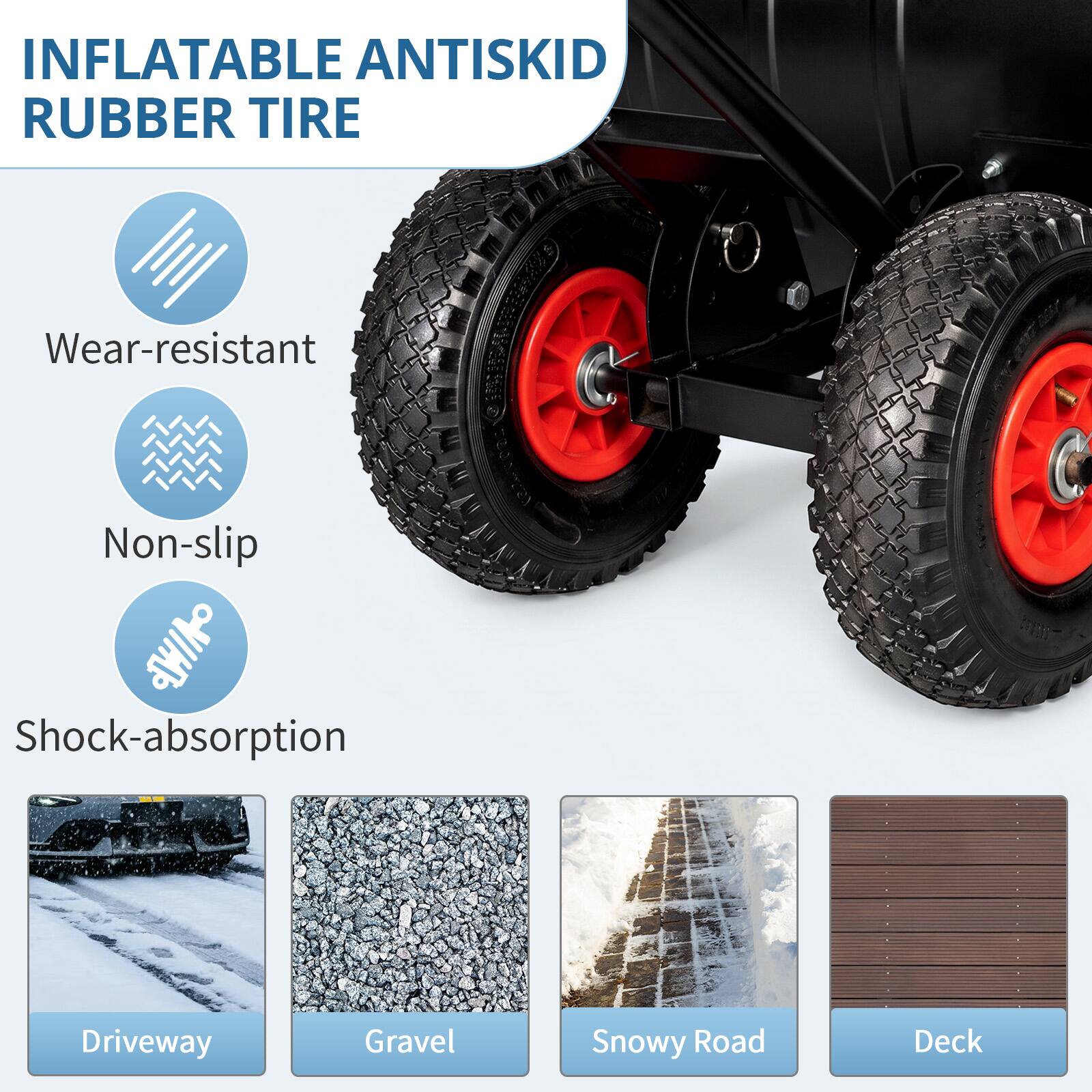 INFLATABLE ANTISKID RUBBER TIRE

- Wear-resistant
- Non-slip
- Shock-absorption

- Driveway
- Gravel
- Snowy Road
- Deck