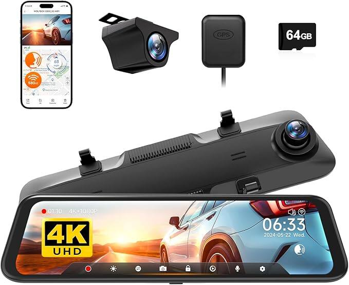 WOLFBOX - 12" 4K WiFi GPS Smart Mirror Dash Cam - Black