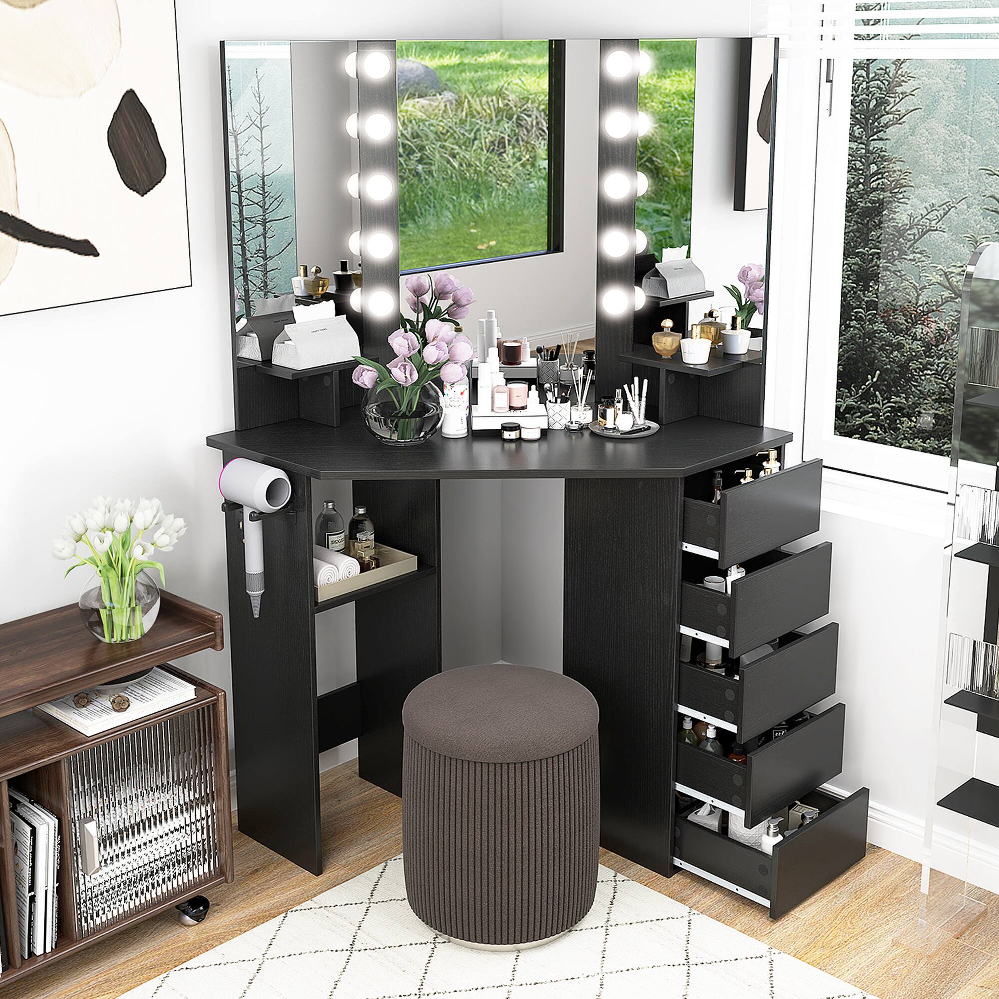 Alt View 3. Costway - Costway Corner Vanity Desk Cosmetic Vanity Station with LED Mirror,& Power Outlets Black - Black.