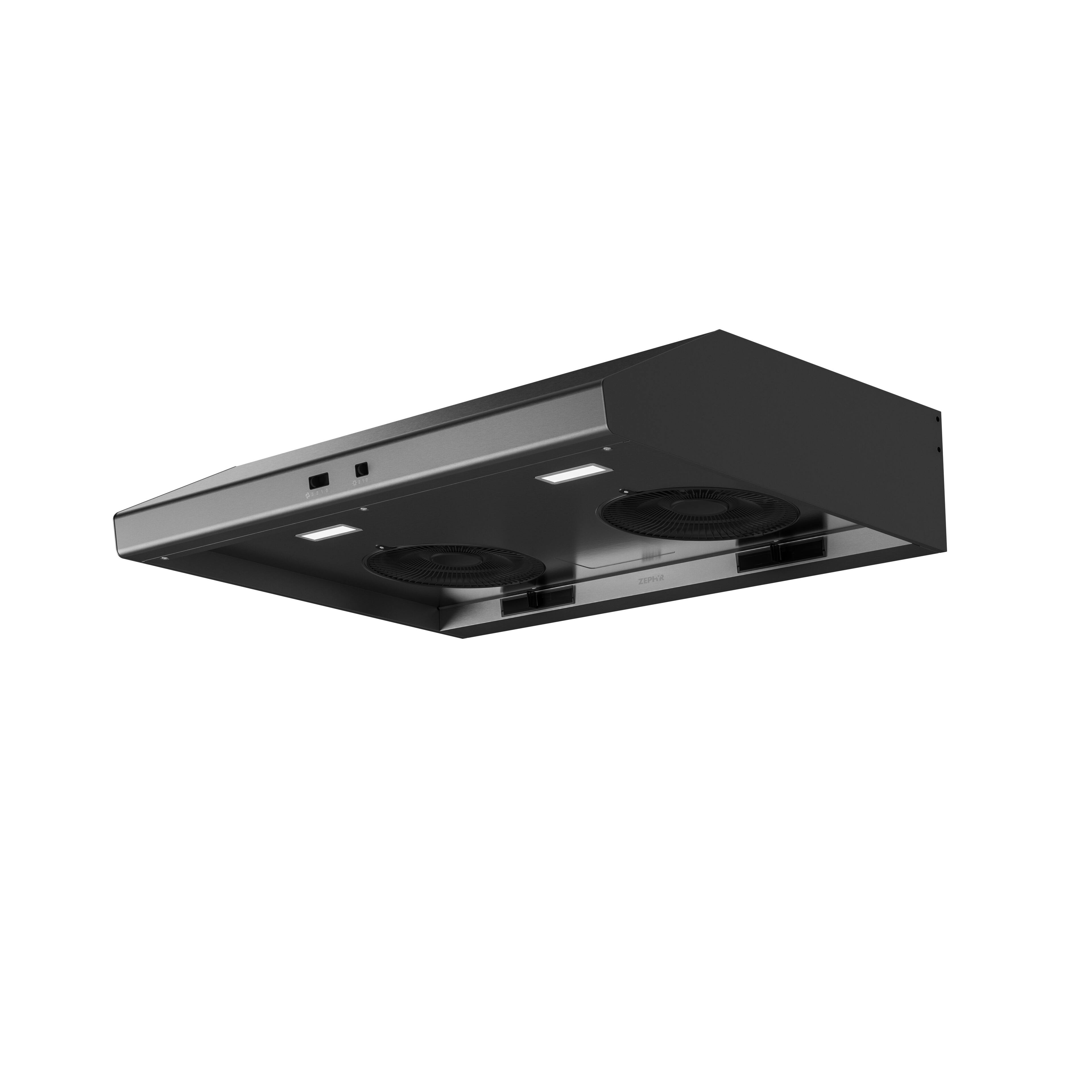 Angle. Zephyr - Cyclone 36 in. 600 CFM Under Cabinet Range Hood - Black Stainless Steel.