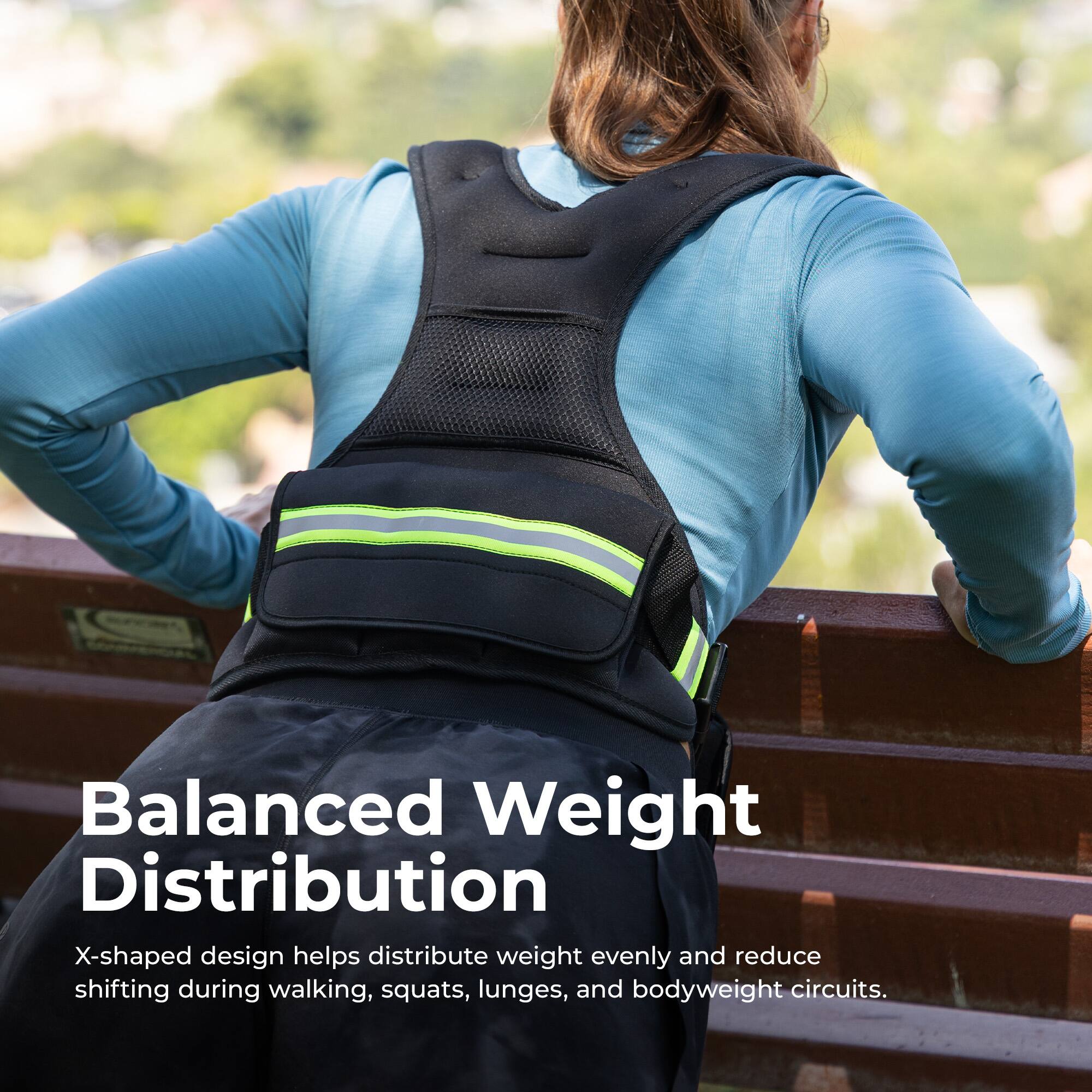 Balanced Weight Distribution  
X-shaped design helps distribute weight evenly and reduce shifting during walking, squats, lunges, and bodyweight circuits.