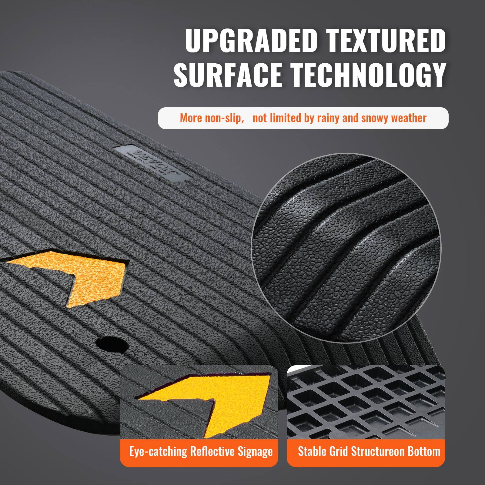 UPGRADED TEXTURED SURFACE TECHNOLOGY  
More non-slip, not limited by rainy and snowy weather  
Eye-catching Reflective Signage  
Stable Grid Structure on Bottom