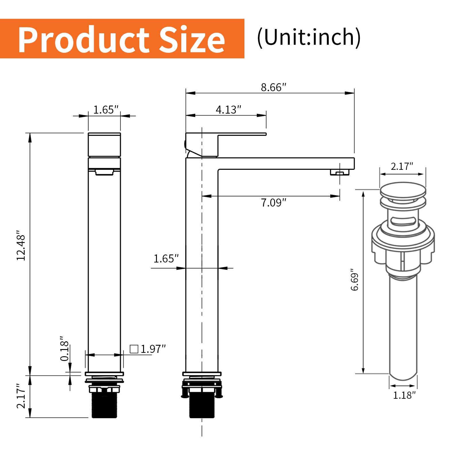 Product Size (Unit: inch)

- 8.66"
- 1.65"
- 4.13"
- 2.17"
- 7.09"
- 12.48"
- 1.65"
- 6.69"
- 2.17"
- 0.18"
- 1.97"
- 1.18"