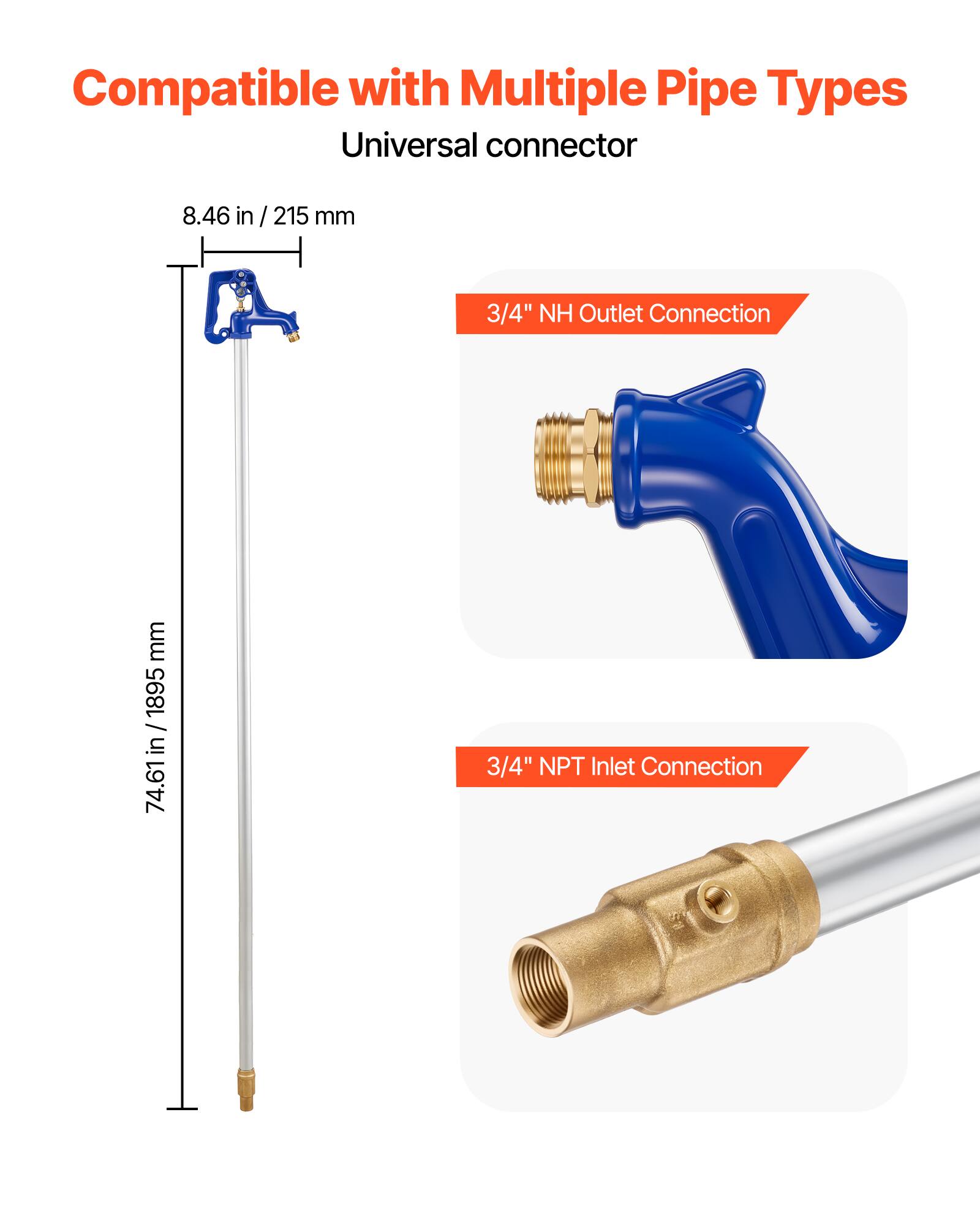 Compatible with Multiple Pipe Types  
Universal connector  
8.46 in / 215 mm  
3/4" NH Outlet Connection  
7.46 in / 189.5 mm  
3/4" NPT Inlet Connection