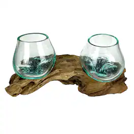 Things2Die4 - 10.5" Double Molten Glass Bowls on Driftwood Hand Blown Planter Terrarium Decor - Natural